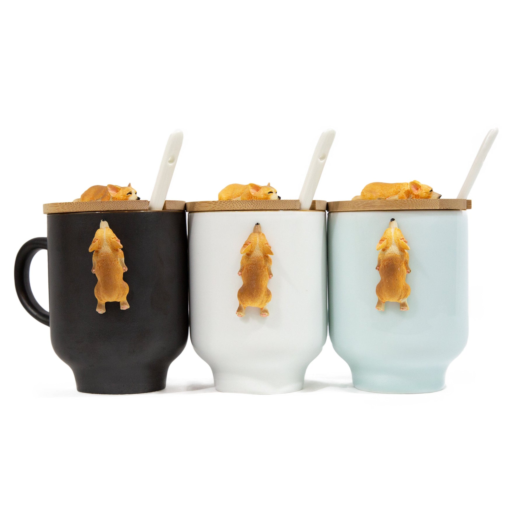 Sleeping Corgi Mug with Wooden Lid and Porcelain Spoon - teal