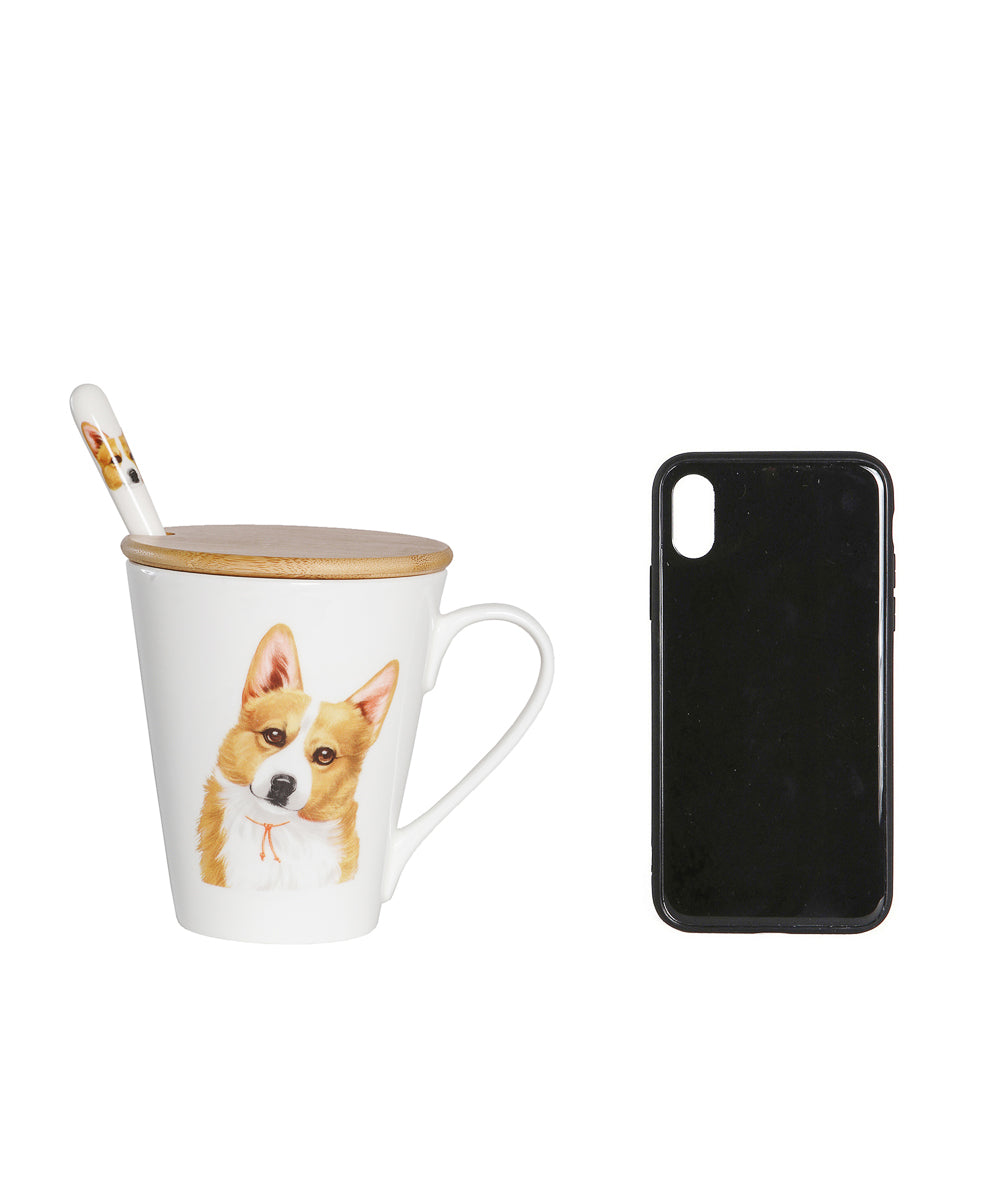 Pet Portrait Porcelain Water Cup with Lid & Spoon - Corgi