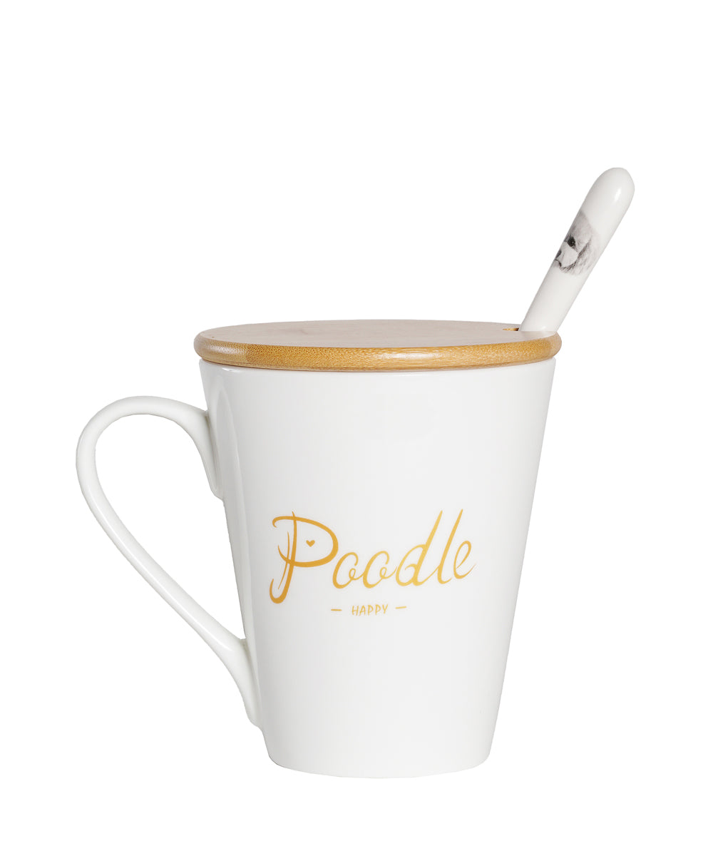 Pet Portrait Porcelain Water Cup with Lid & Spoon - Poodle(Grey)