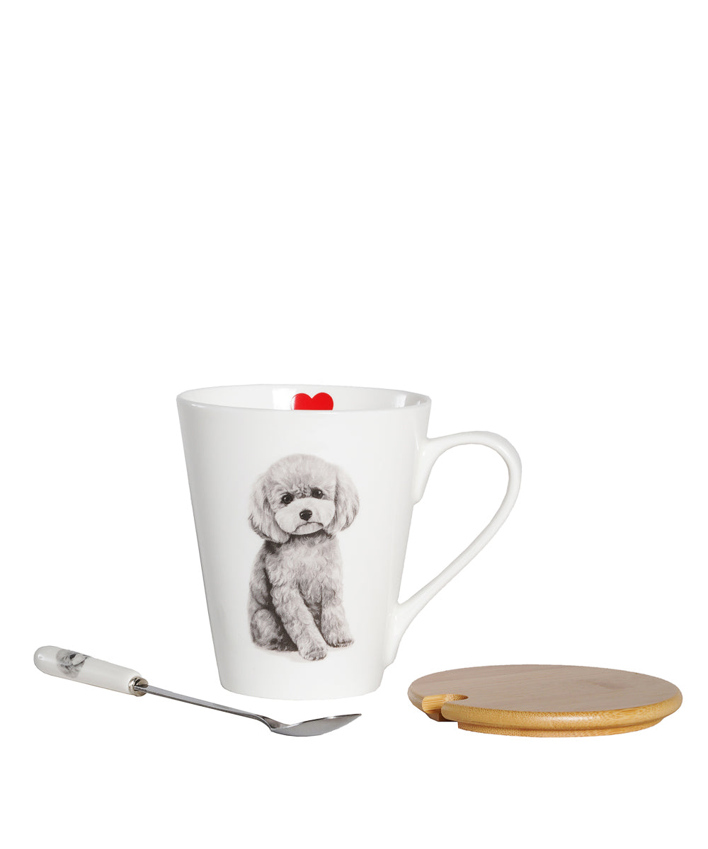 Pet Portrait Porcelain Water Cup with Lid & Spoon - Poodle(Grey)