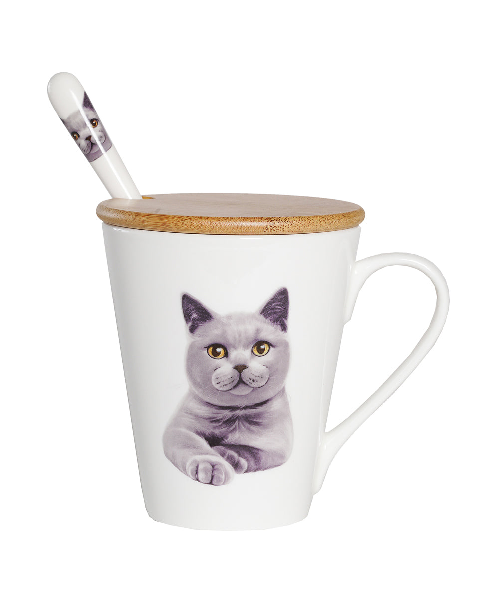 Pet Portrait Porcelain Water Cup with Lid & Spoon - Chartreux