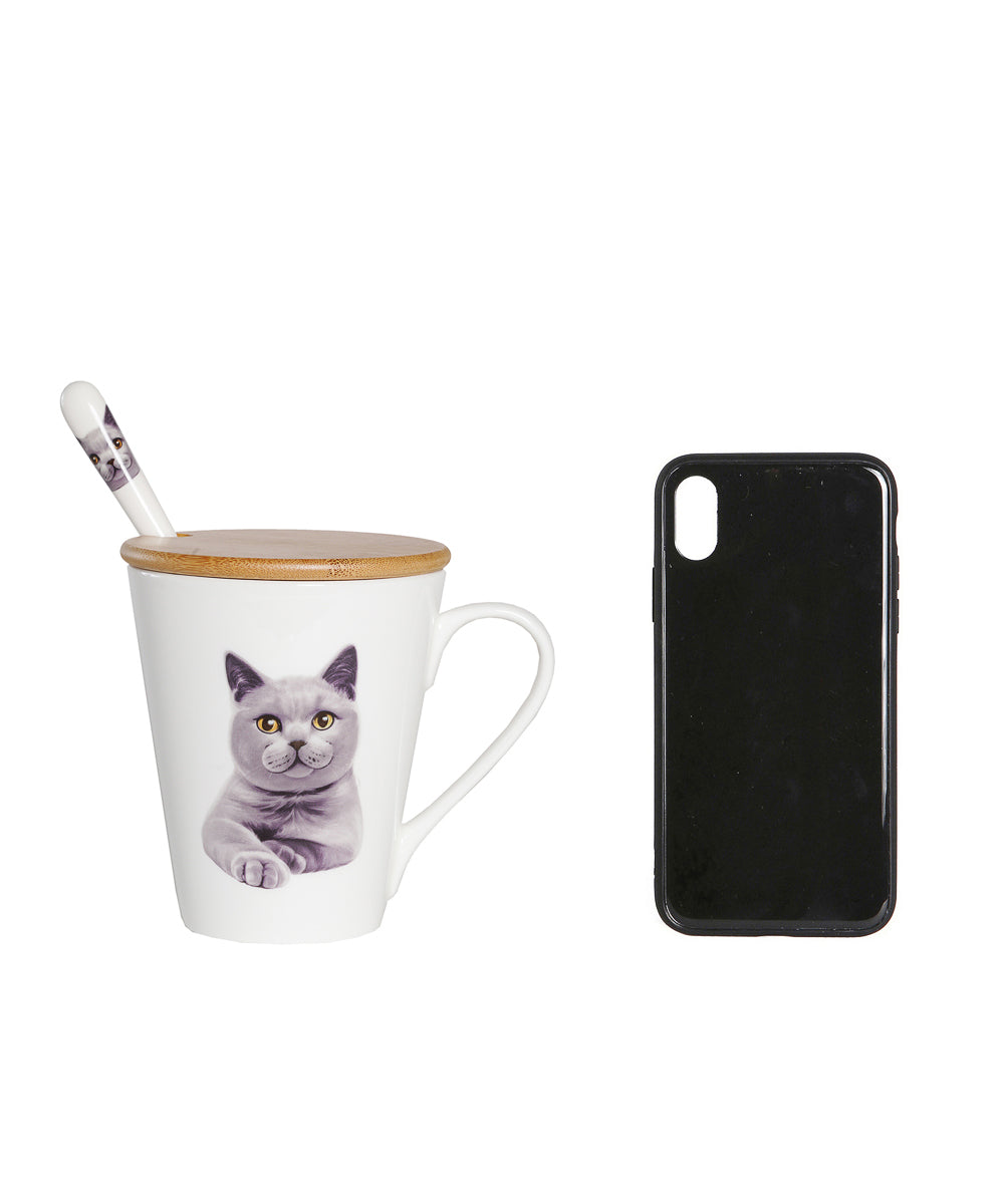 Pet Portrait Porcelain Water Cup with Lid & Spoon - Chartreux