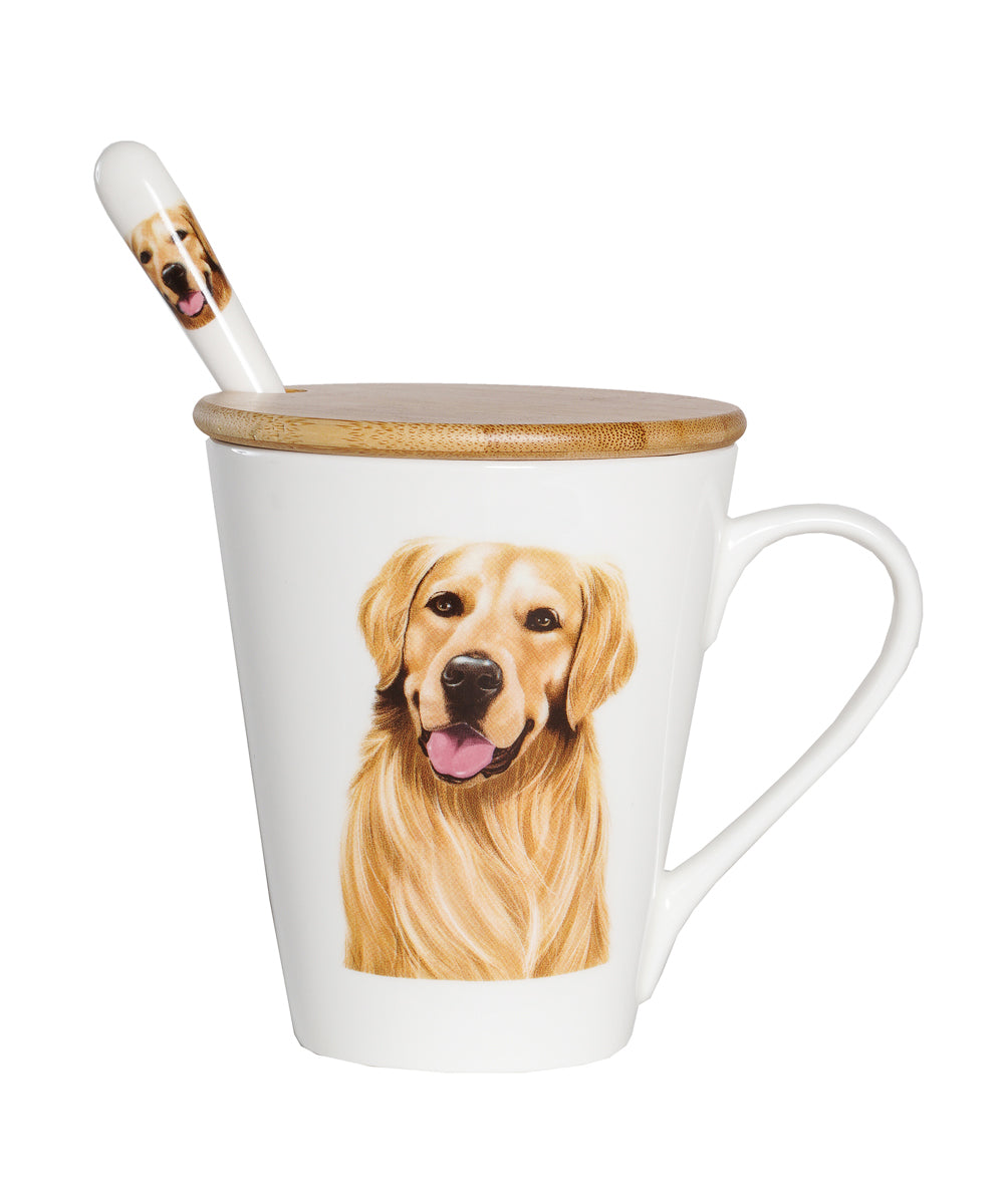 Pet Portrait Porcelain Water Cup with Lid & Spoon - Golden Retriever