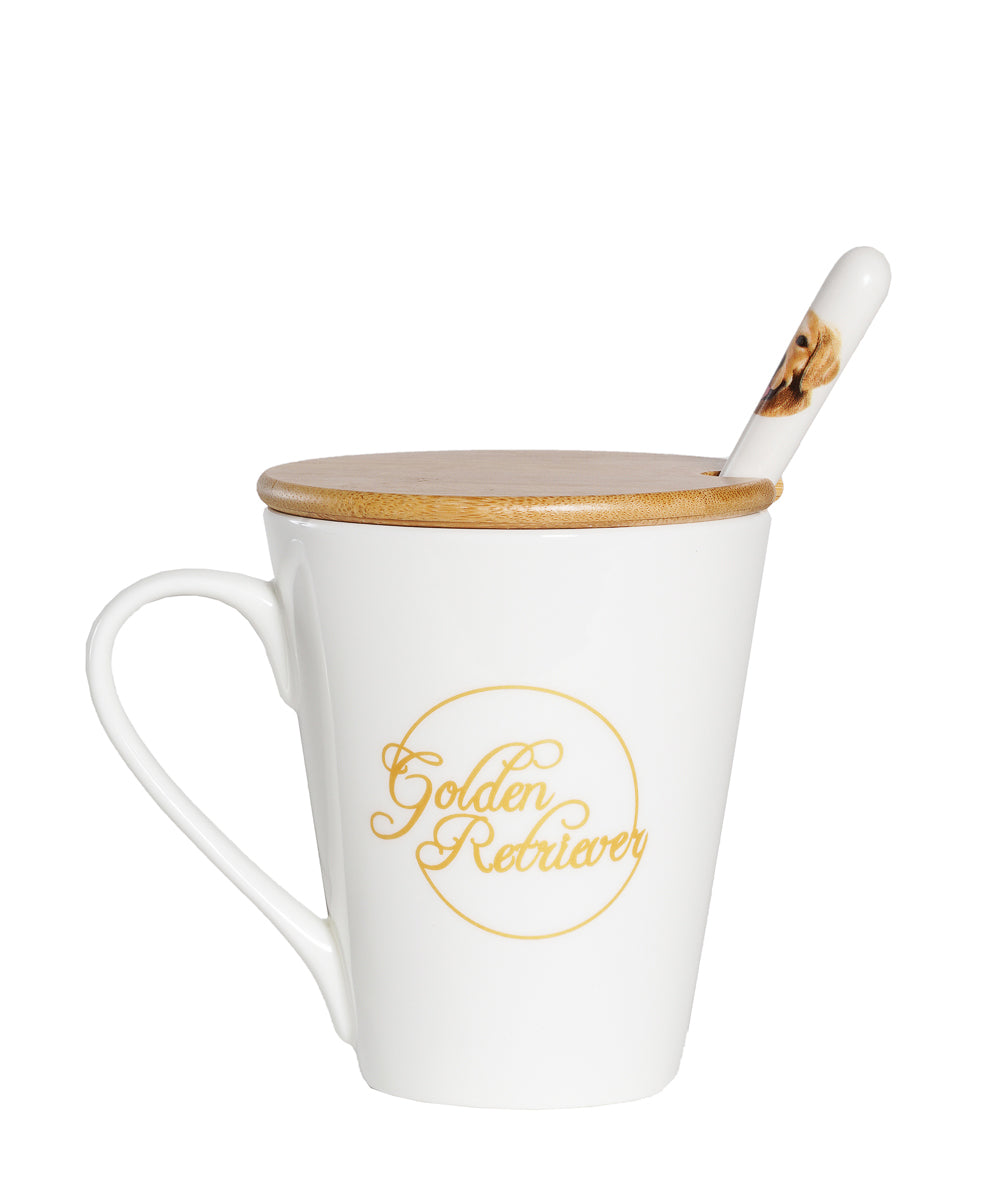 Pet Portrait Porcelain Water Cup with Lid & Spoon - Golden Retriever