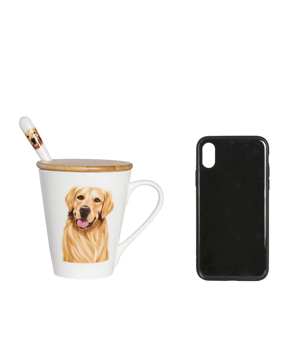 Pet Portrait Porcelain Water Cup with Lid & Spoon - Golden Retriever