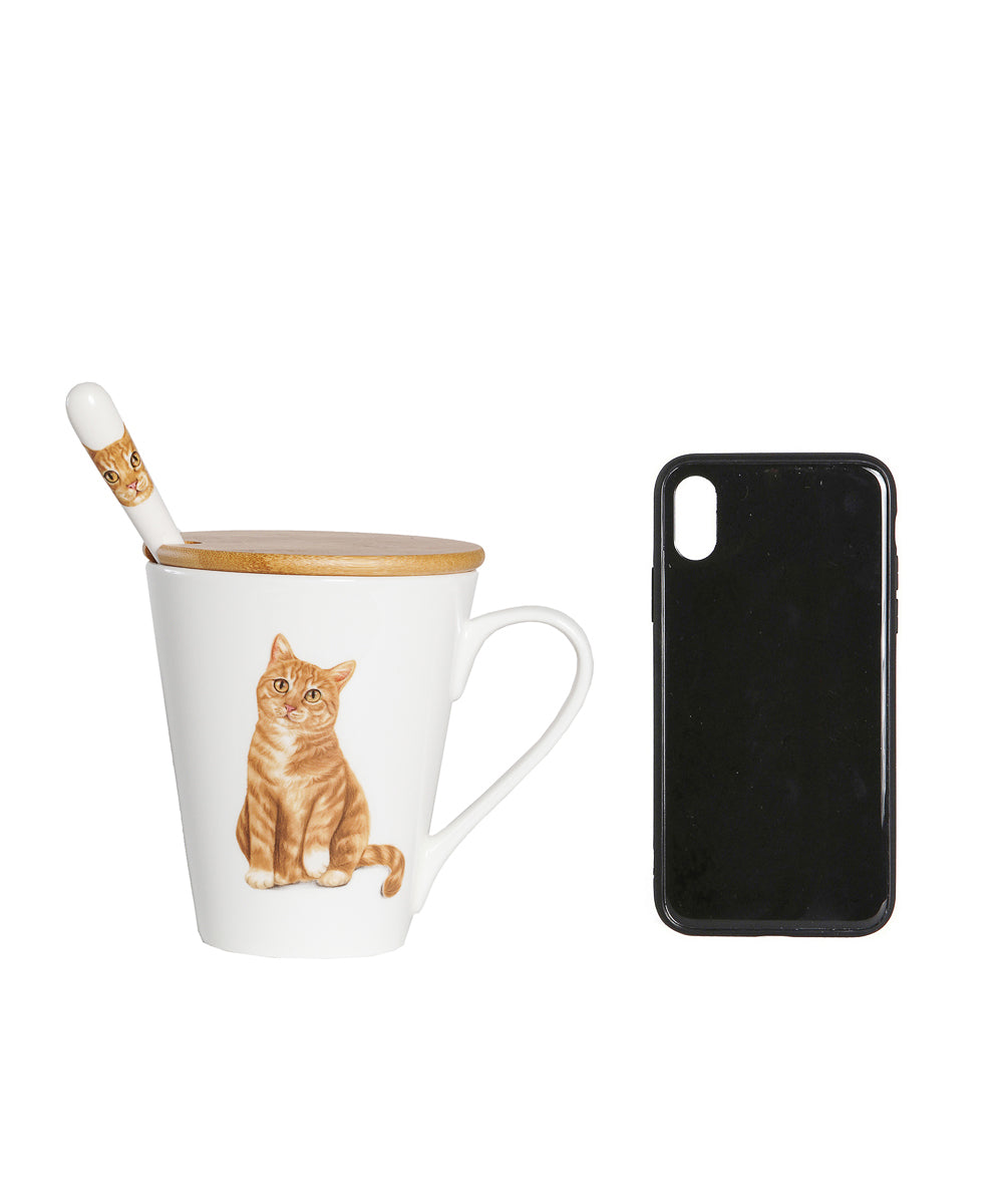 Pet Portrait Porcelain Water Cup with Lid & Spoon - Orange Tabby