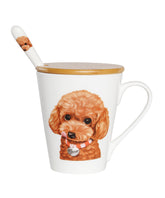 Pet Portrait Porcelain Water Cup with Lid & Spoon - Poodle(Red)