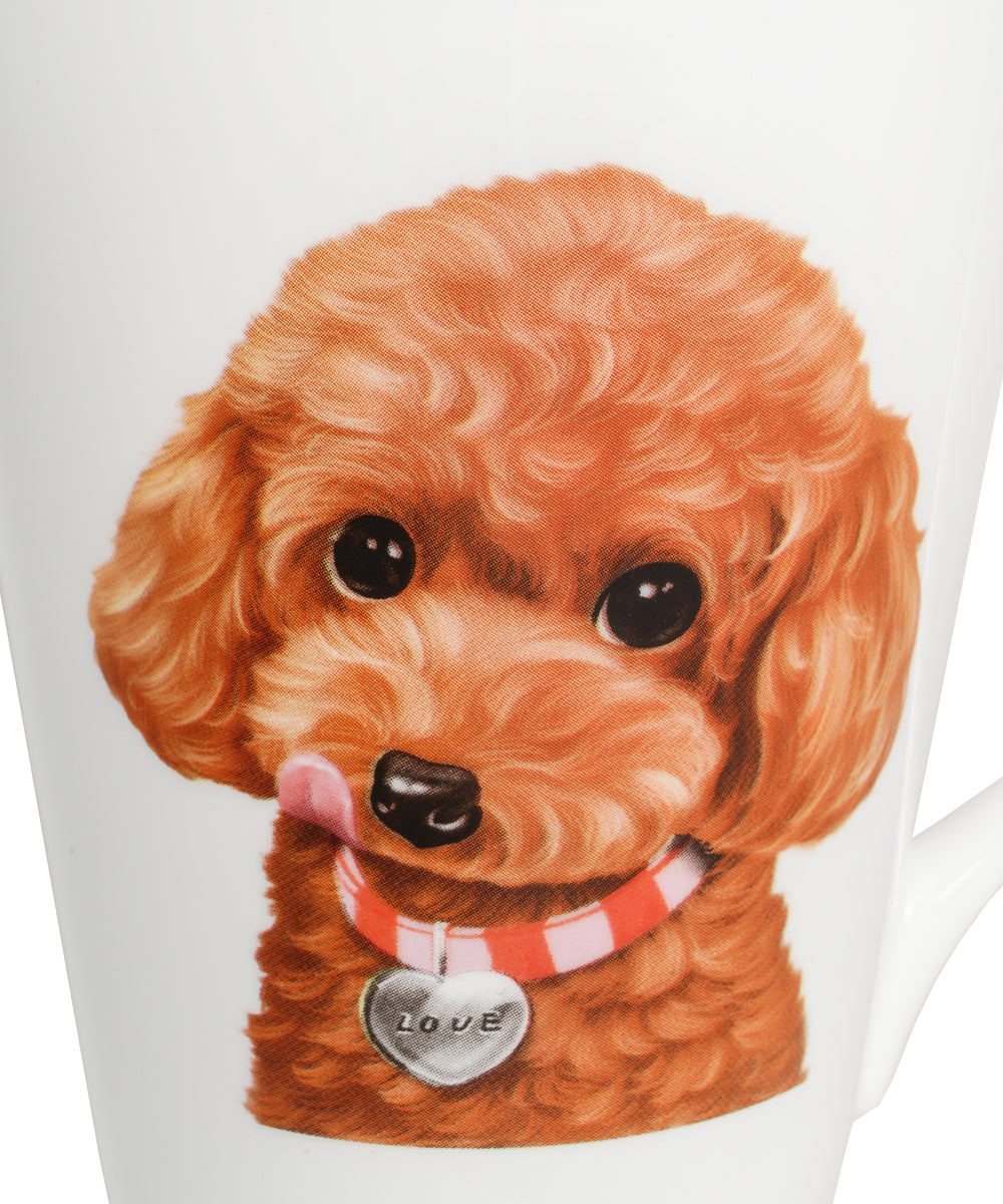 Pet Portrait Porcelain Water Cup with Lid & Spoon - Poodle(Red)