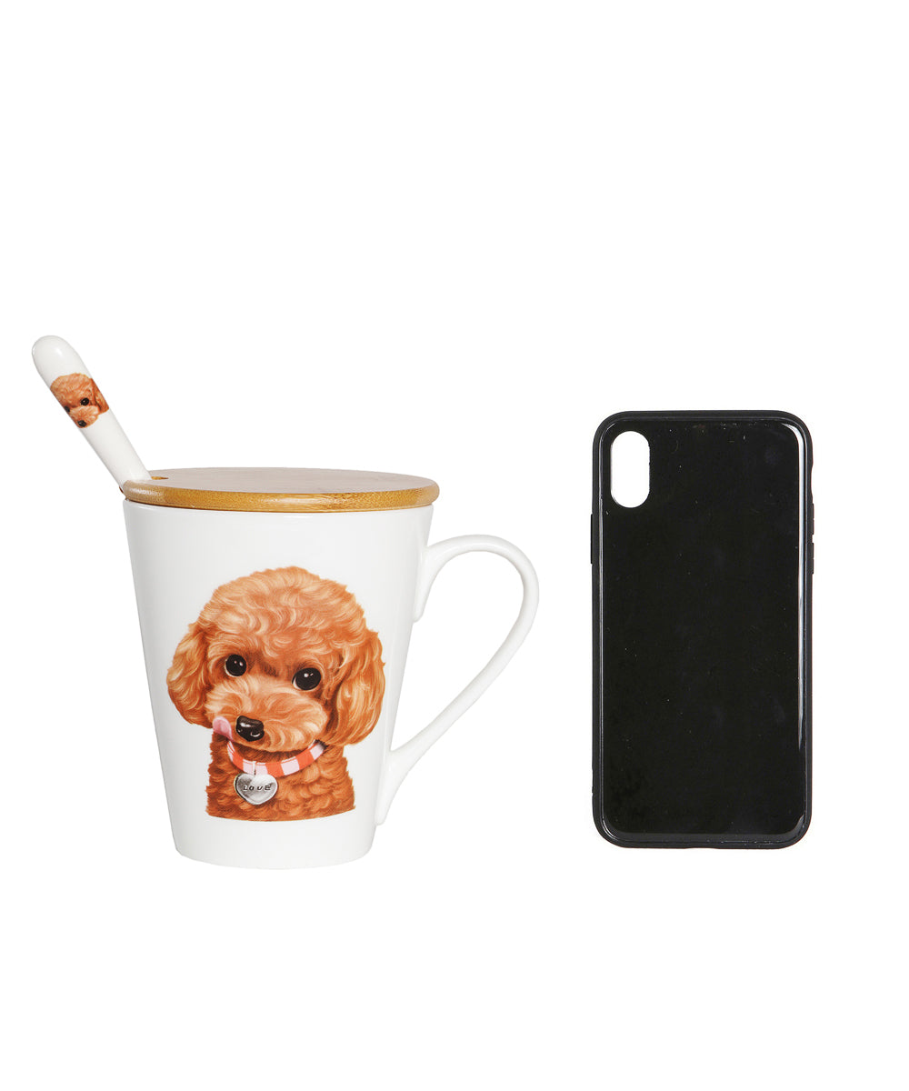 Pet Portrait Porcelain Water Cup with Lid & Spoon - Poodle(Red)