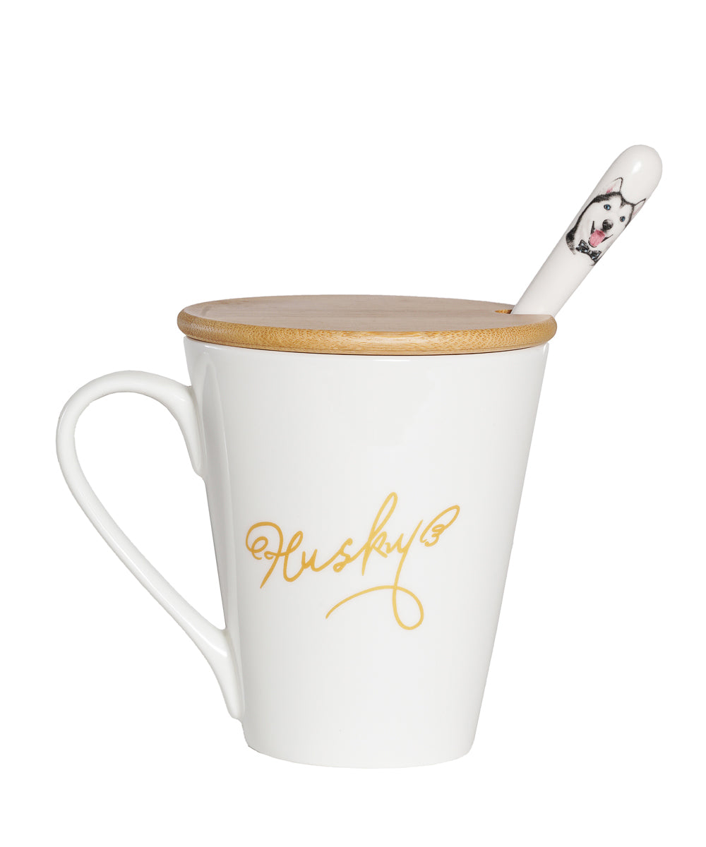 Pet Portrait Porcelain Water Cup with Lid & Spoon - Husky