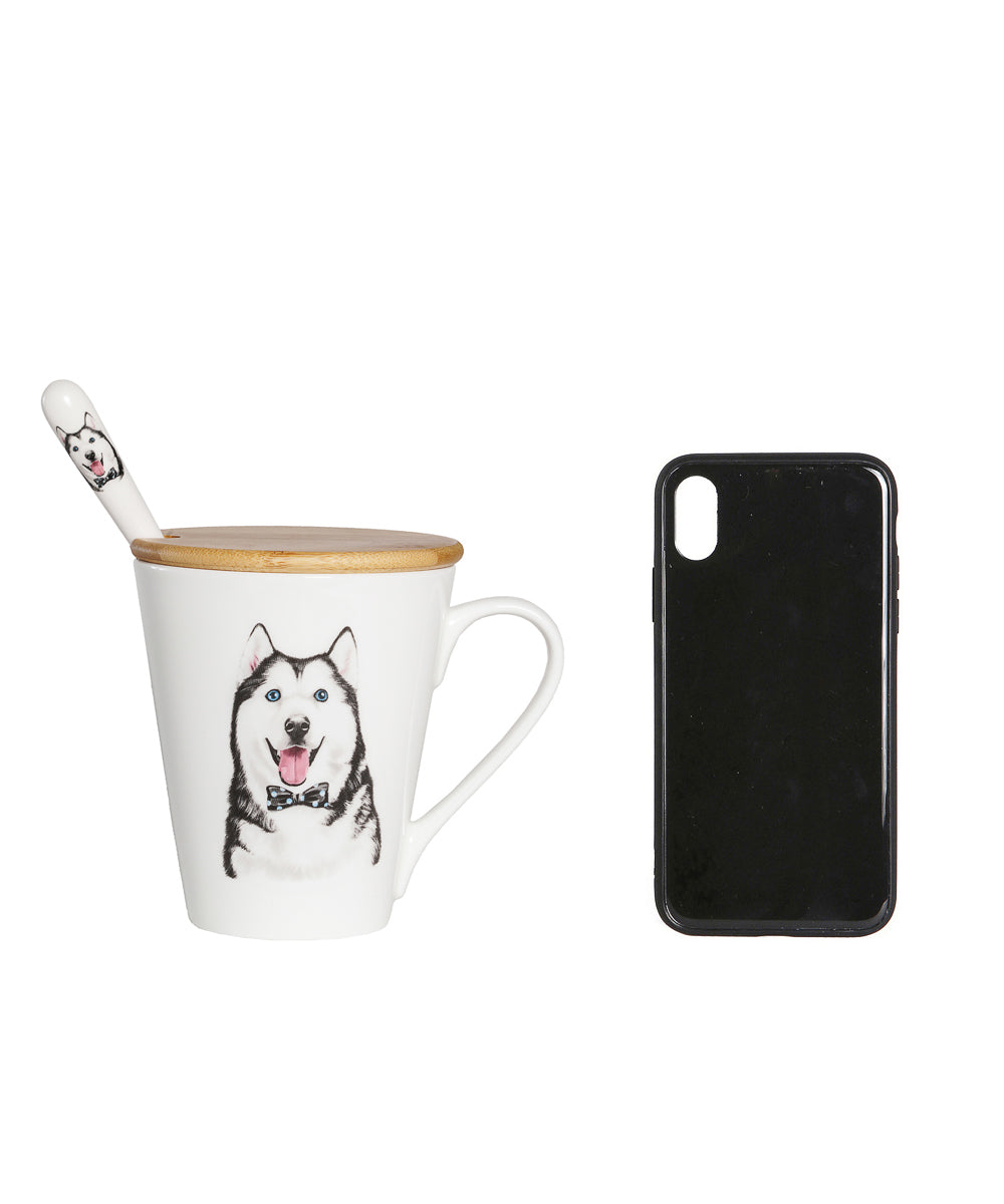 Pet Portrait Porcelain Water Cup with Lid & Spoon - Husky