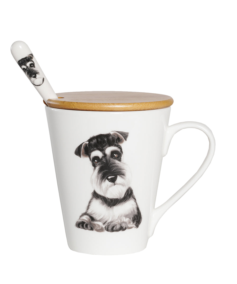 Pet Portrait Porcelain Water Cup with Lid & Spoon -Schnauzer