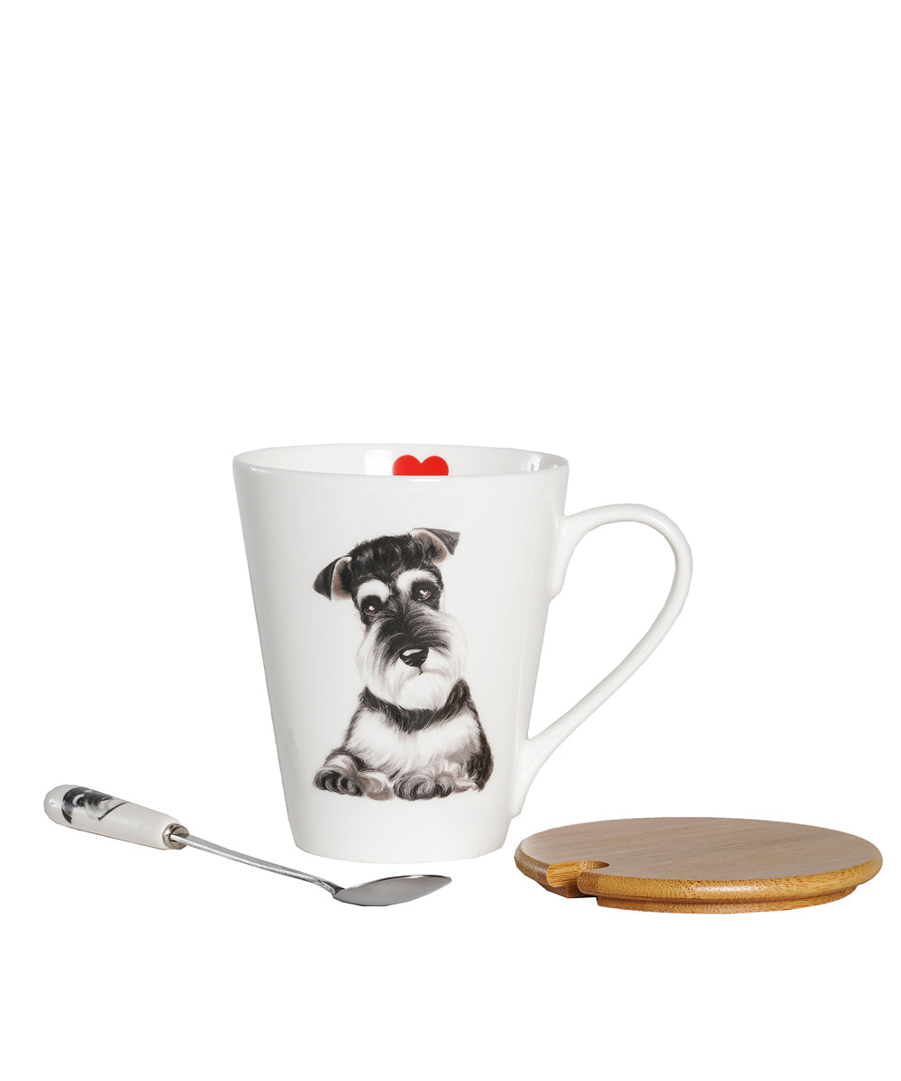 Pet Portrait Porcelain Water Cup with Lid & Spoon -Schnauzer