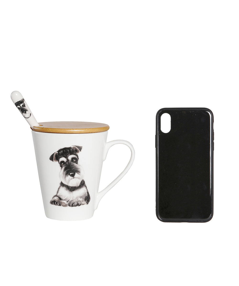 Pet Portrait Porcelain Water Cup with Lid & Spoon -Schnauzer