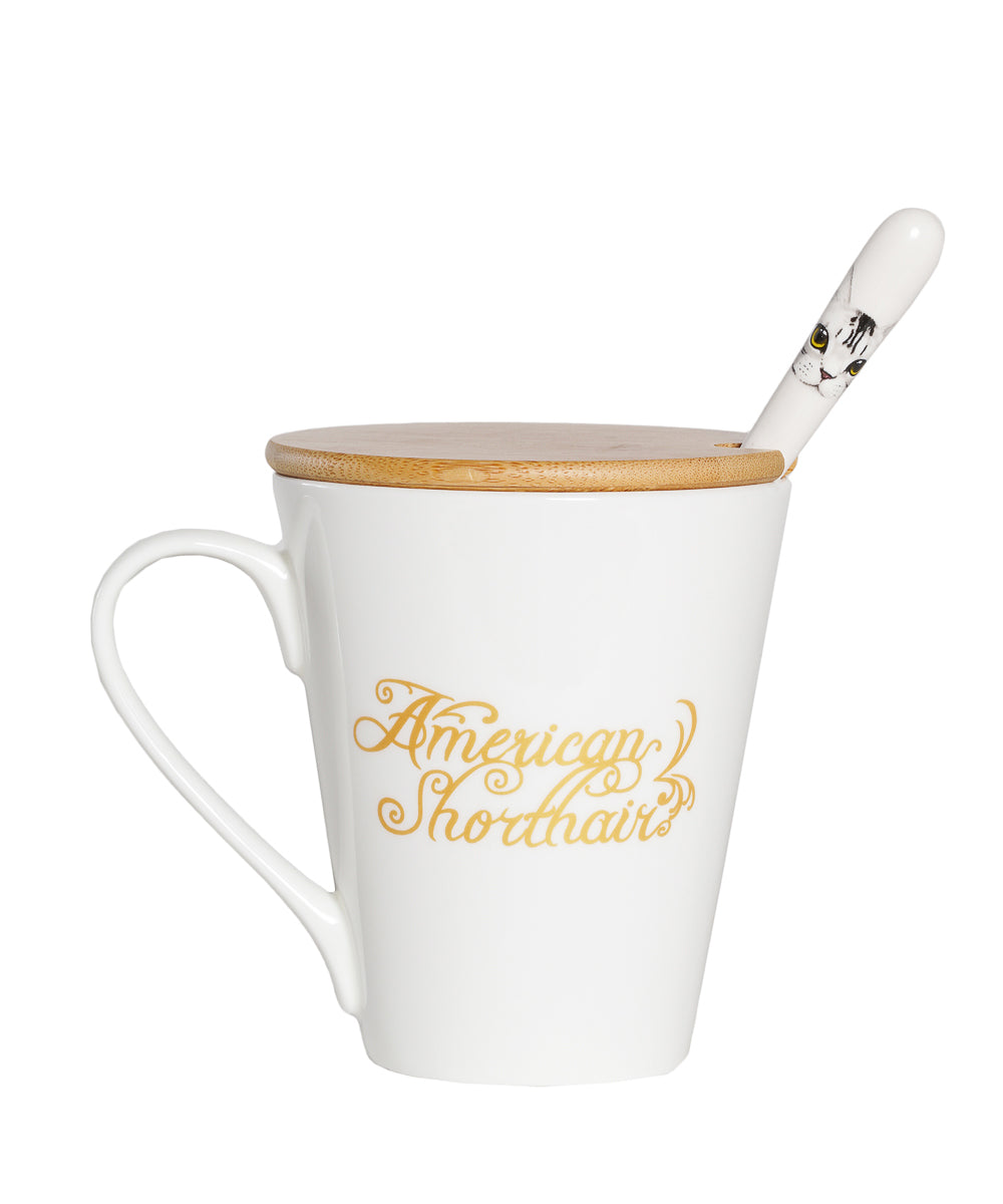 Pet Portrait Porcelain Water Cup with Lid & Spoon - American Shorthair