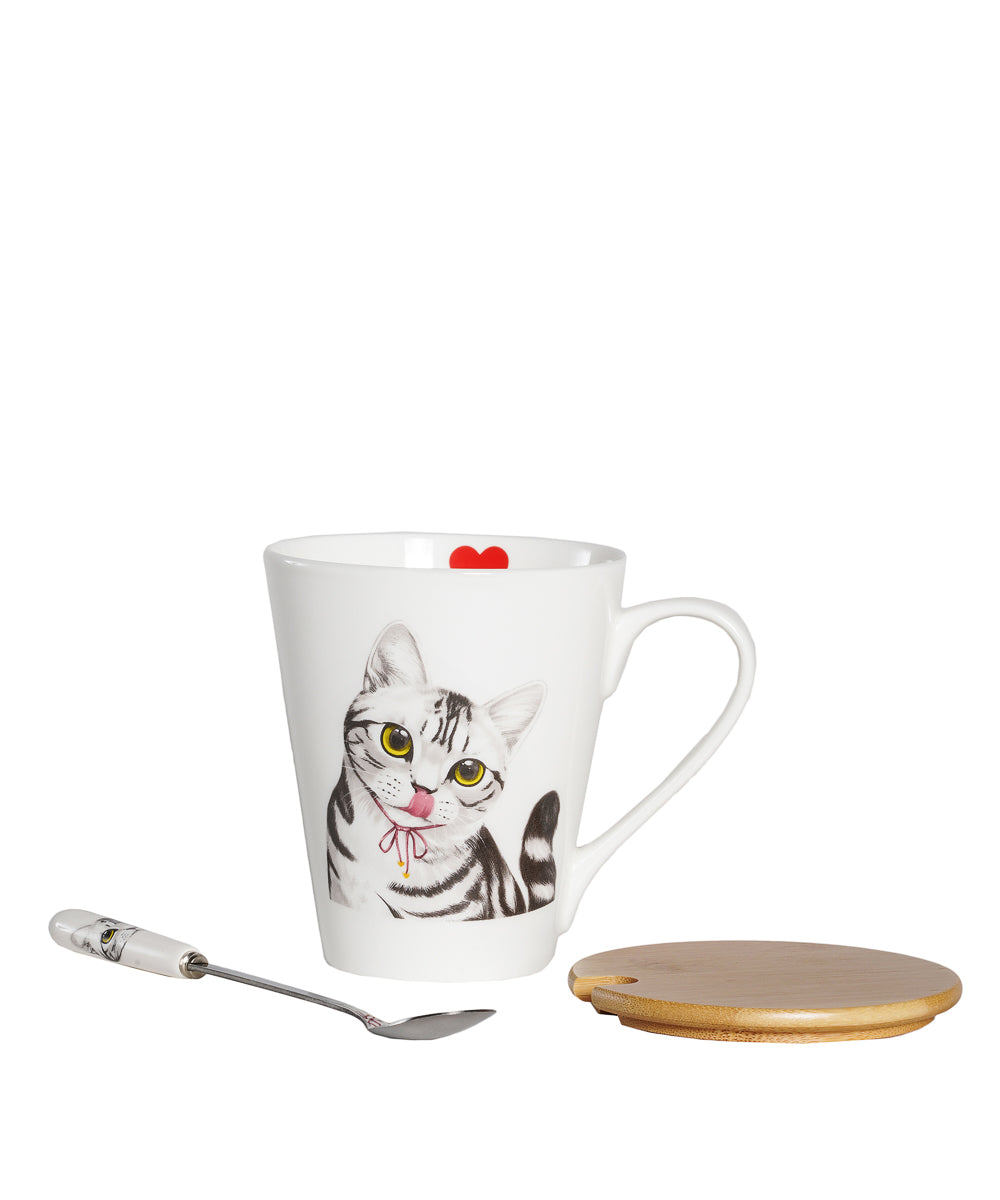 Pet Portrait Porcelain Water Cup with Lid & Spoon - American Shorthair