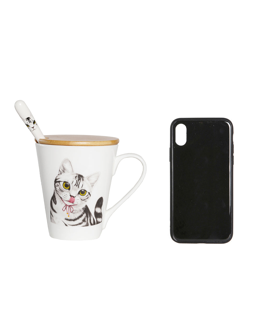 Pet Portrait Porcelain Water Cup with Lid & Spoon - American Shorthair