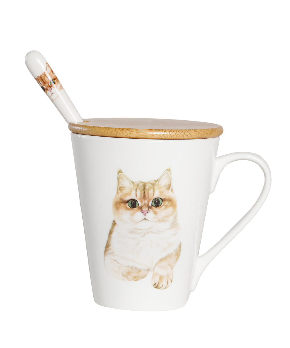 Pet Portrait Porcelain Water Cup with Lid & Spoon - British Shorthair(Golden)