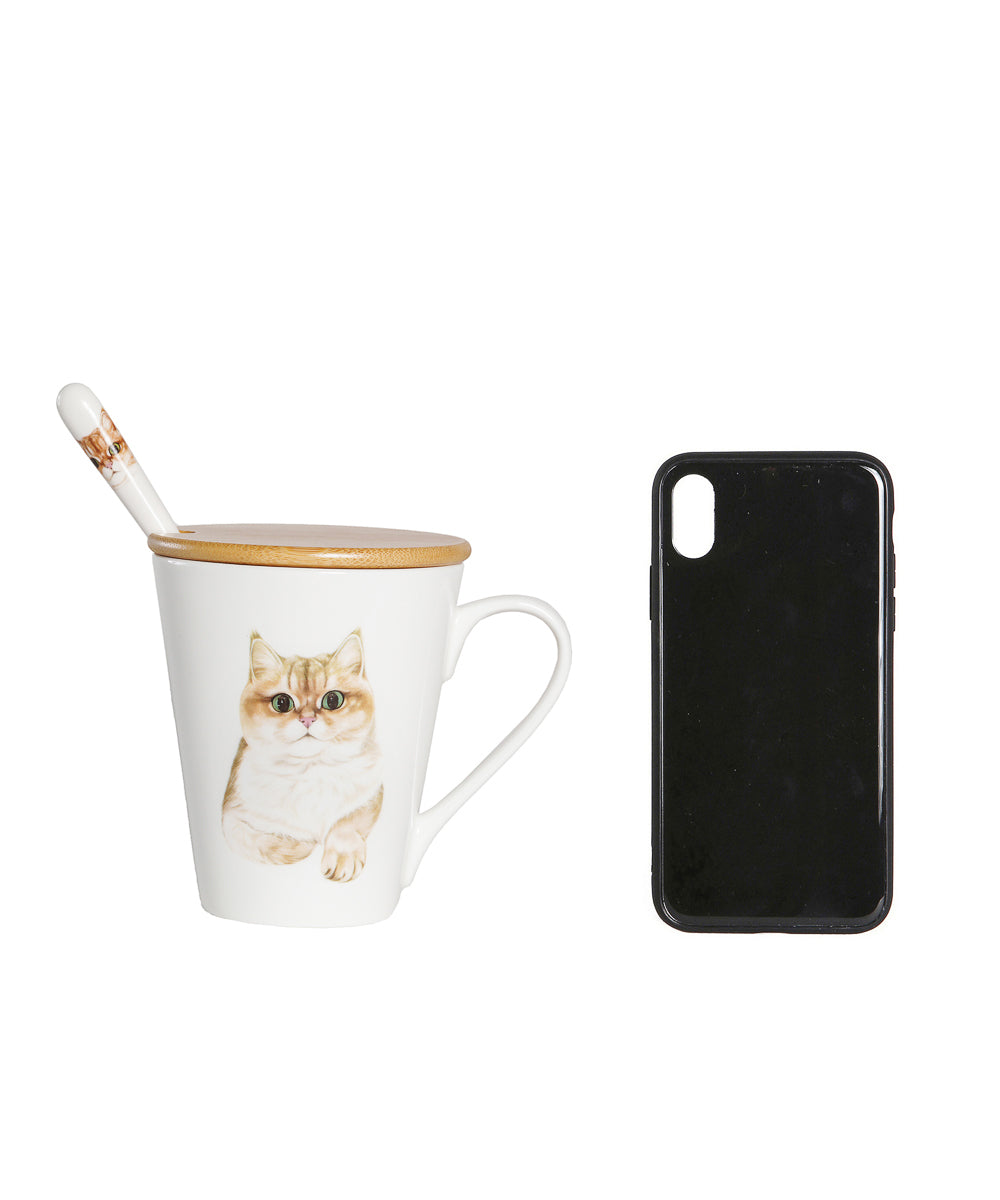 Pet Portrait Porcelain Water Cup with Lid & Spoon - British Shorthair(Golden)