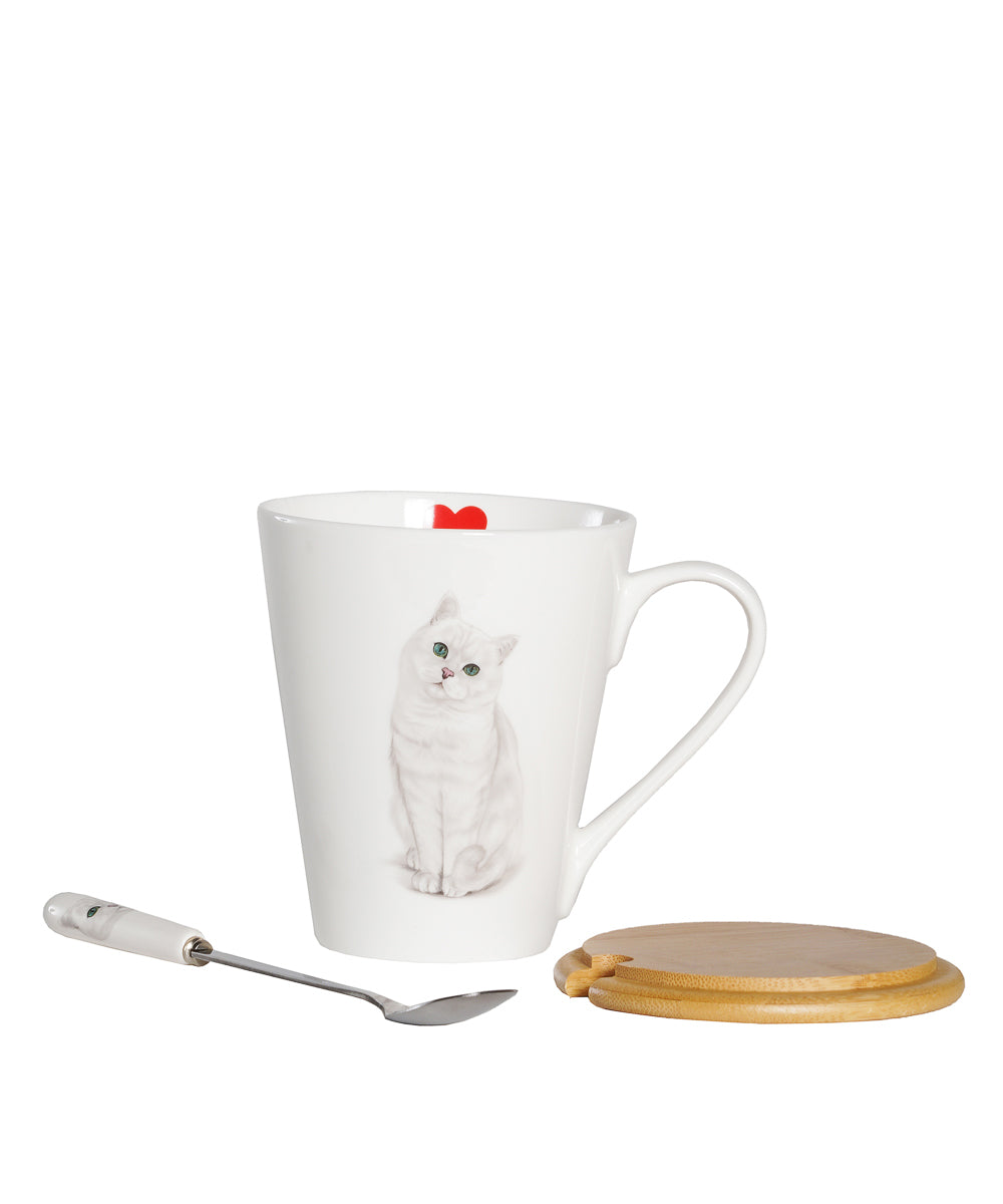 Pet Portrait Porcelain Water Cup with Lid & Spoon - British Shorthair(Silver)