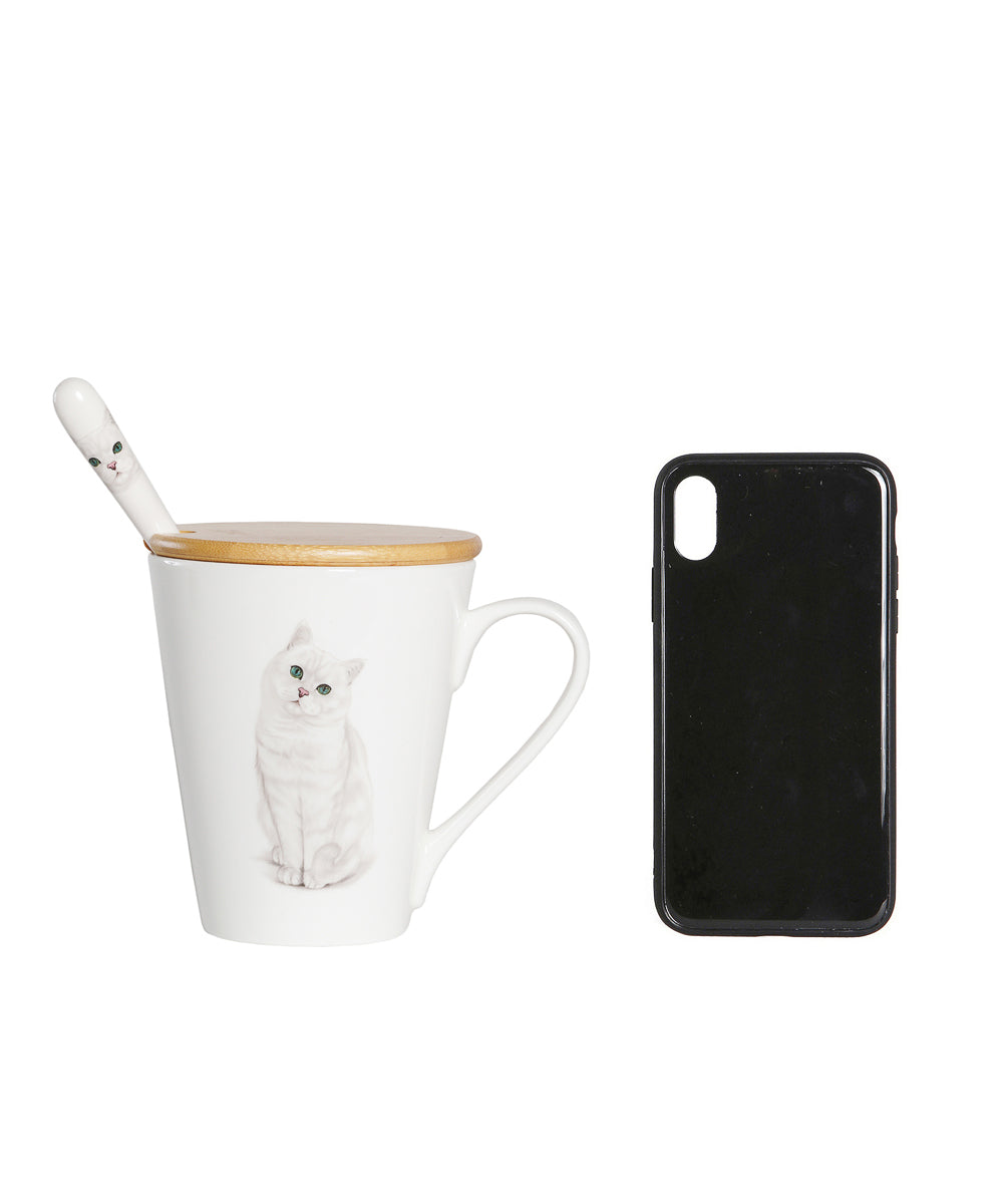 Pet Portrait Porcelain Water Cup with Lid & Spoon - British Shorthair(Silver)