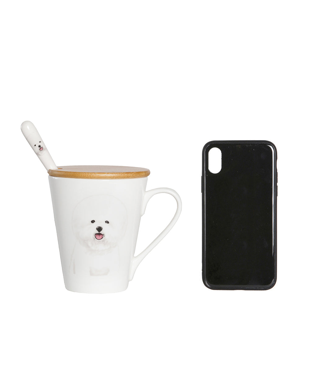 Pet Portrait Porcelain Water Cup with Lid & Spoon - Bichon