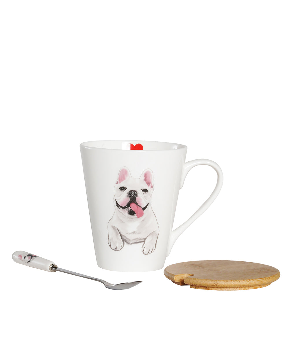 Pet Portrait Porcelain Water Cup with Lid & Spoon - French Bulldog