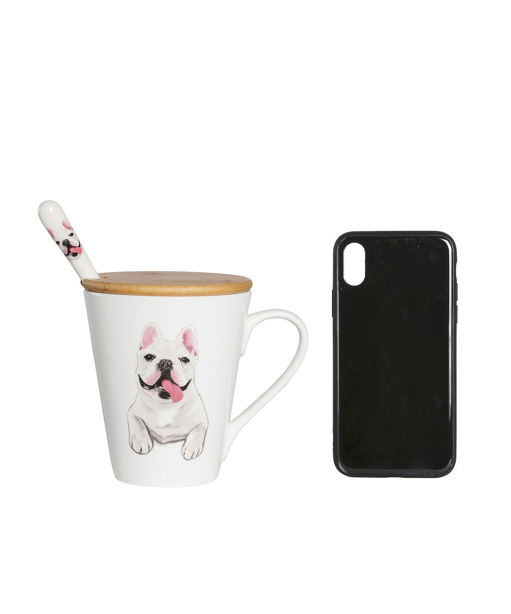 Pet Portrait Porcelain Water Cup with Lid & Spoon - French Bulldog