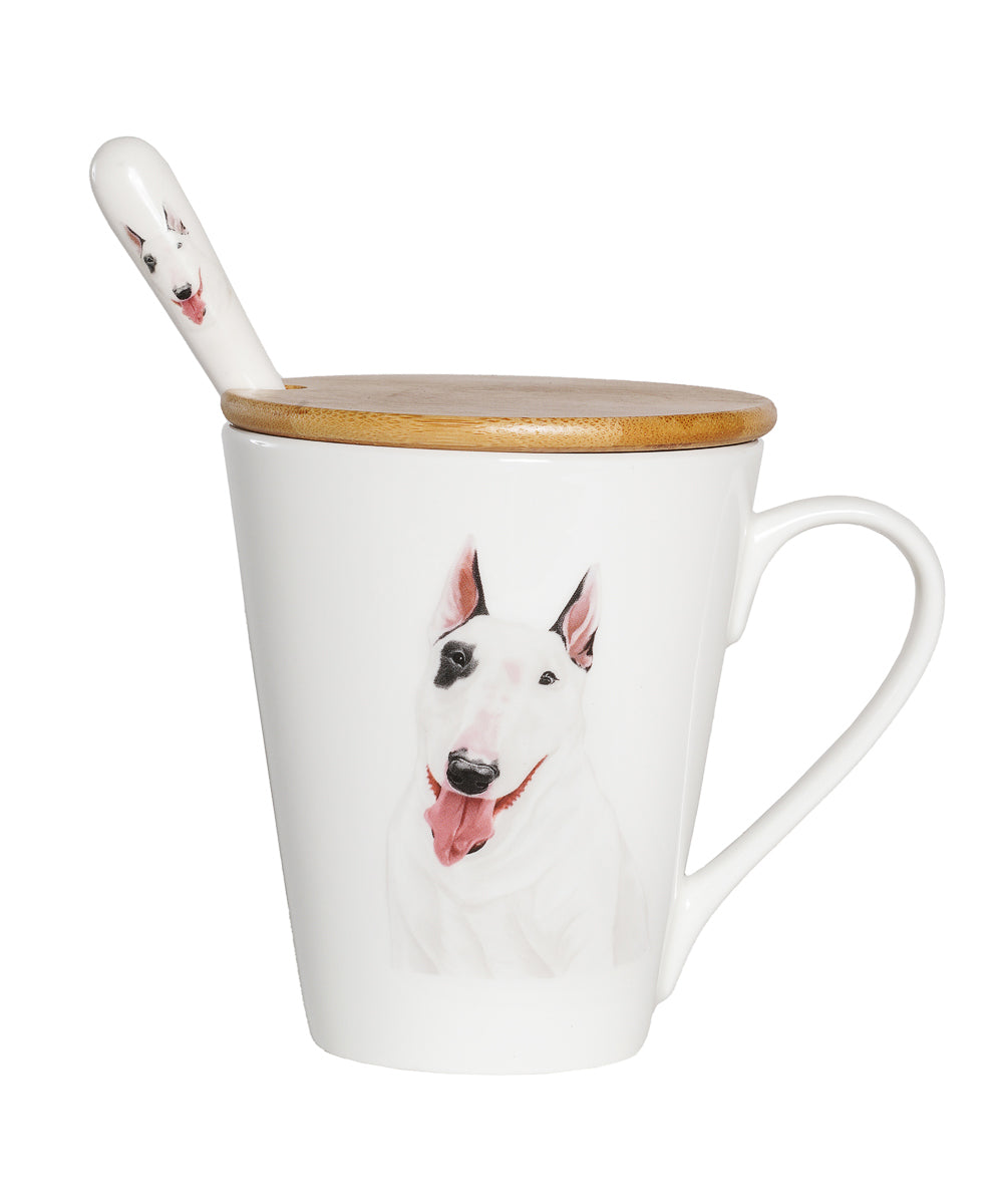 Pet Portrait Porcelain Water Cup with Lid & Spoon - Bull Terrier