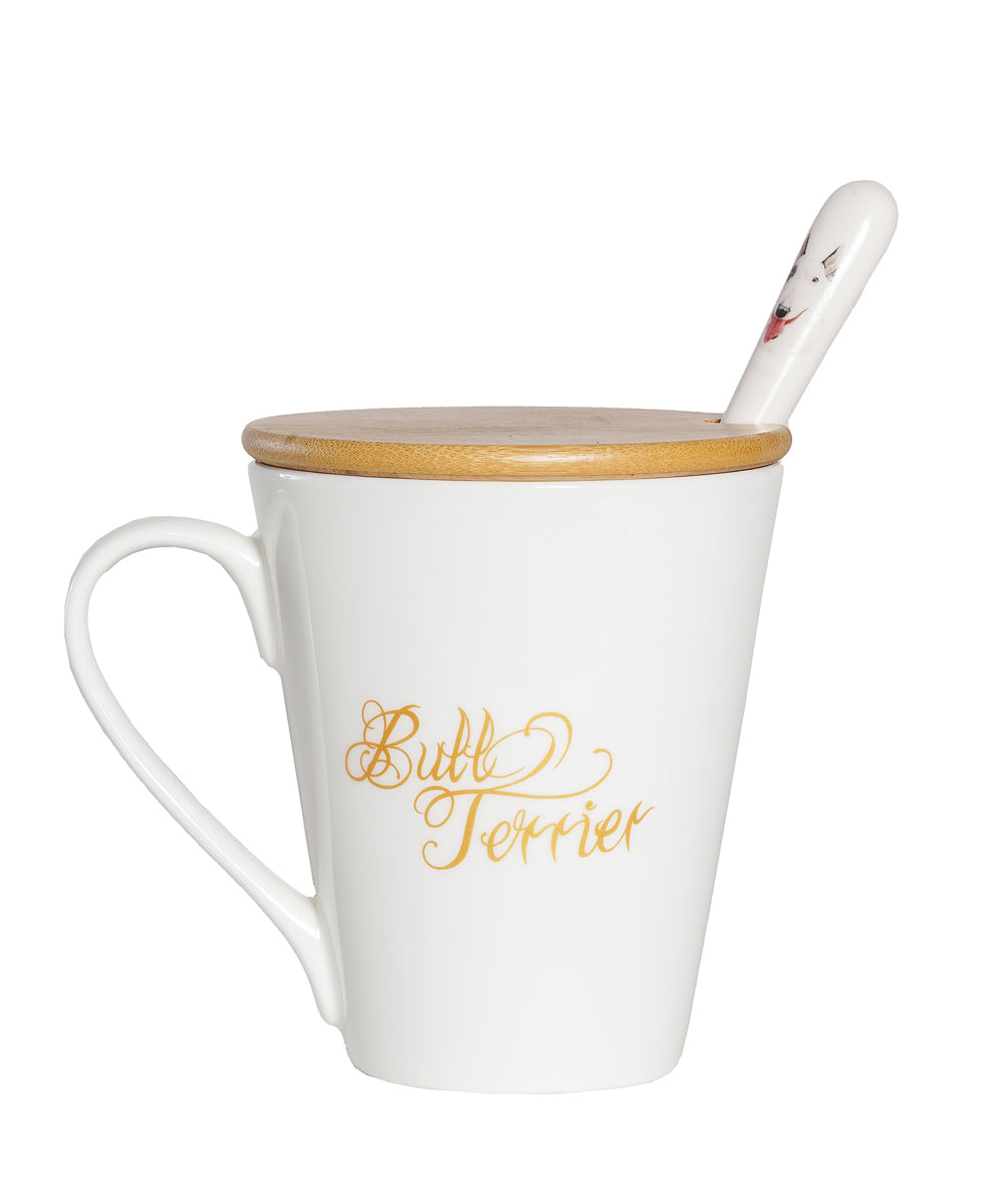 Pet Portrait Porcelain Water Cup with Lid & Spoon - Bull Terrier