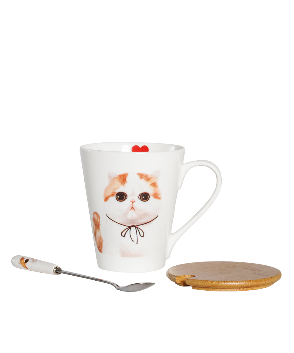 Pet Portrait Porcelain Water Cup with Lid & Spoon - Exotic Shorthair
