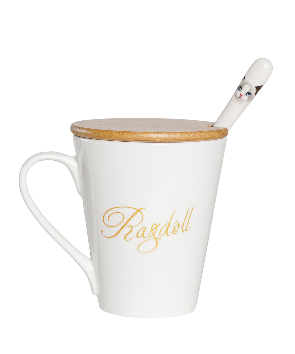 Pet Portrait Porcelain Water Cup with Lid & Spoon - Ragdoll