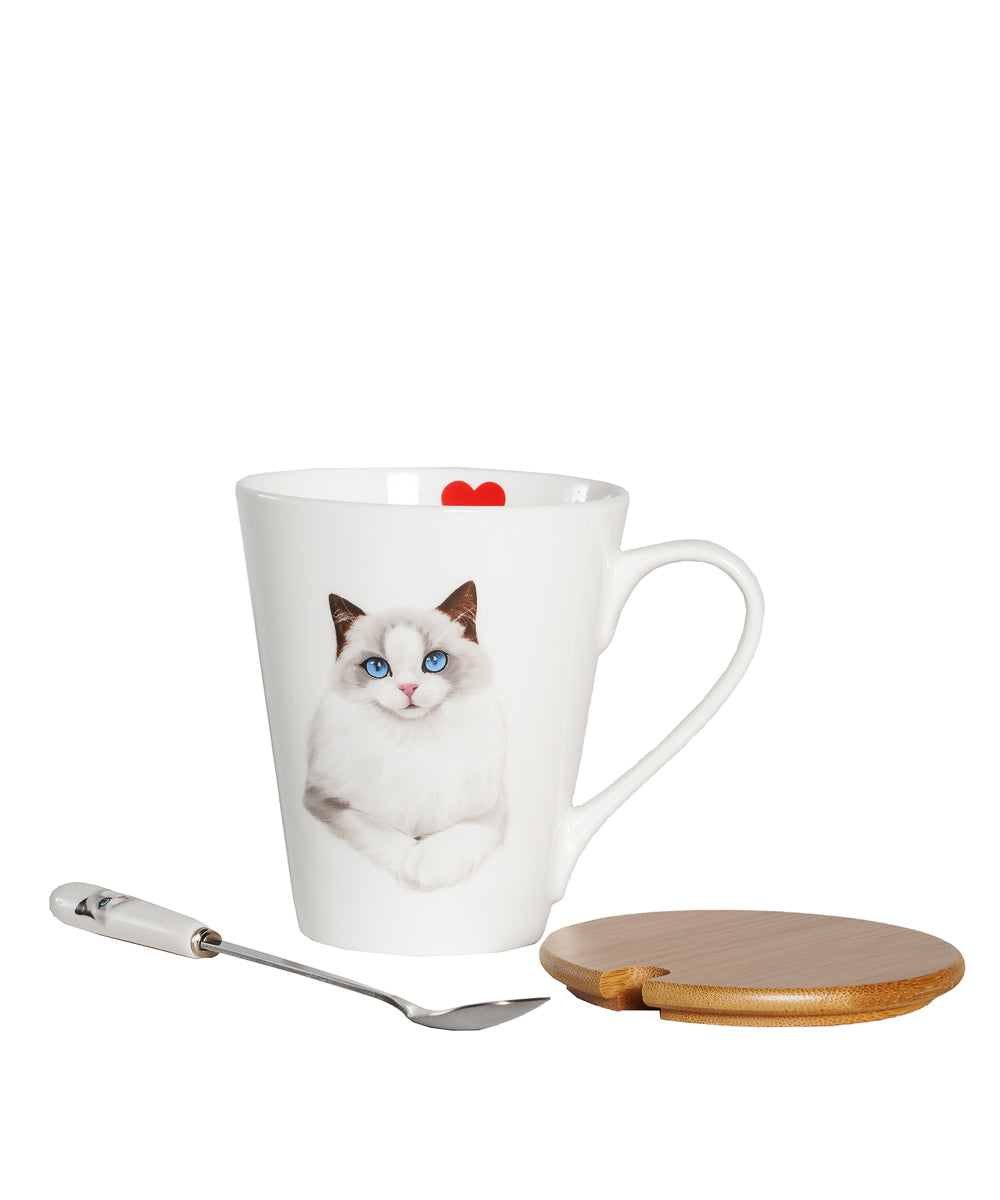 Pet Portrait Porcelain Water Cup with Lid & Spoon - Ragdoll