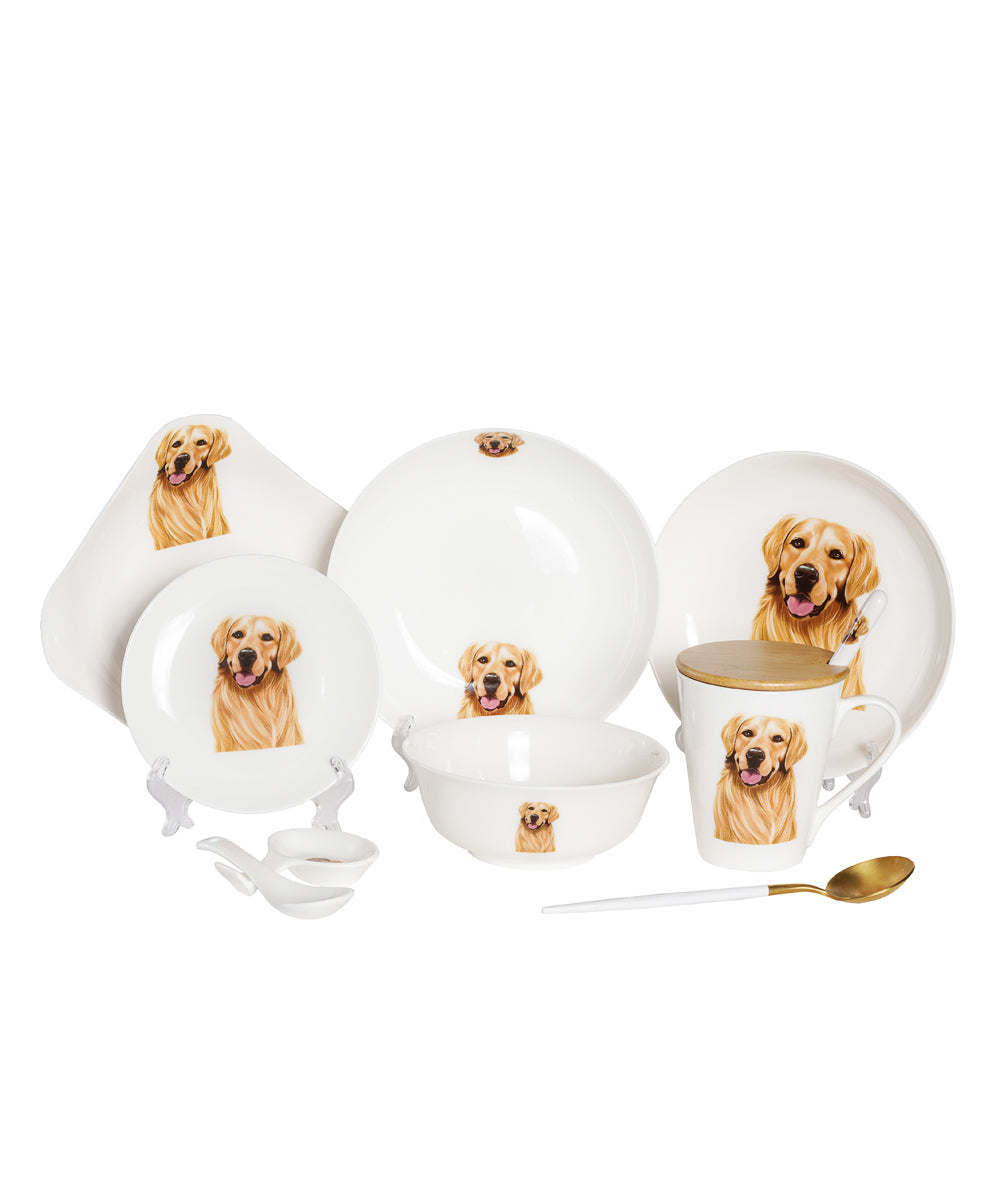 Pet Portrait Porcelain Dinnerware 11-Piece Set - Golden Retriever