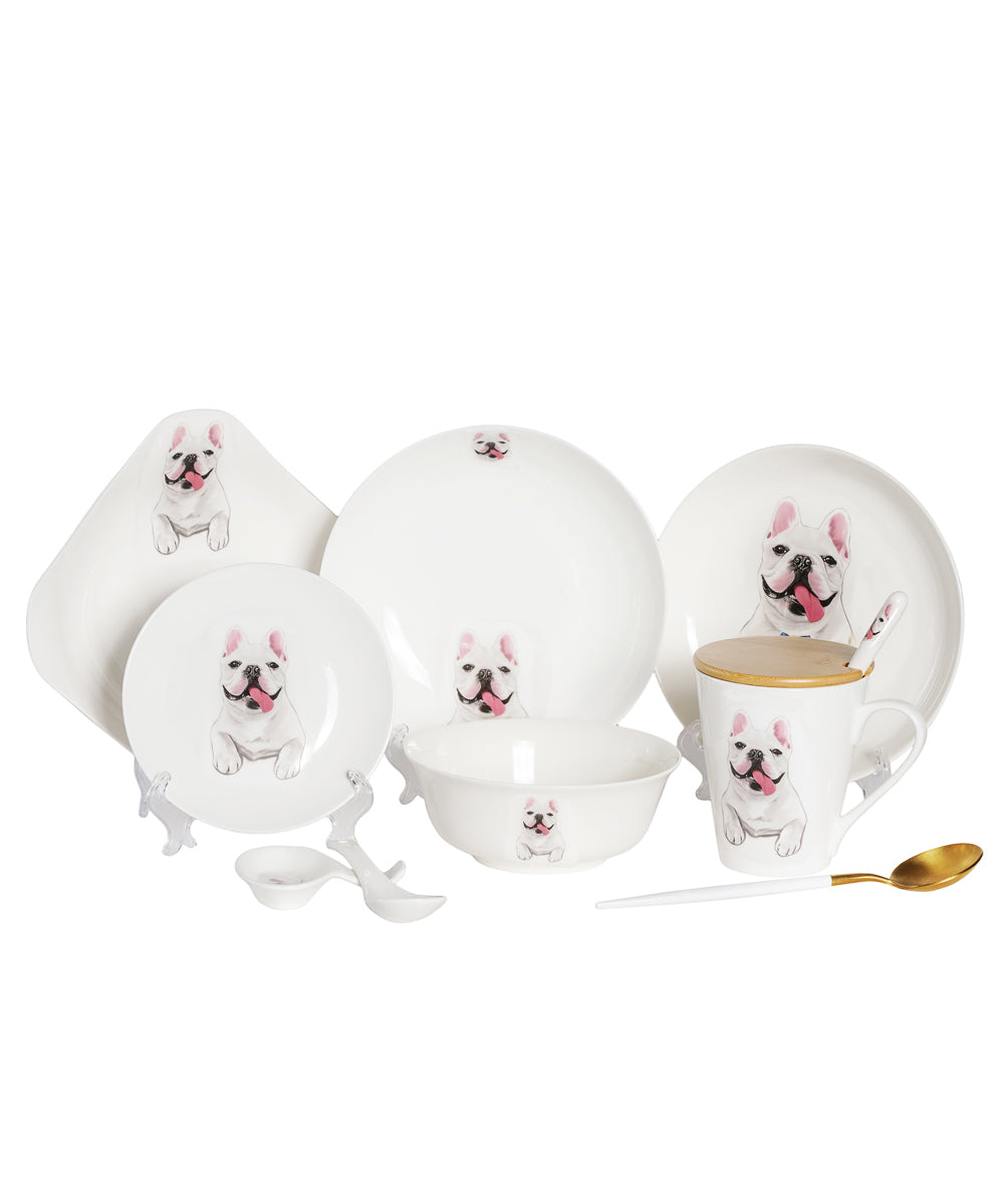 Pet Portrait Porcelain Dinnerware 11-Piece Set - French Bulldog