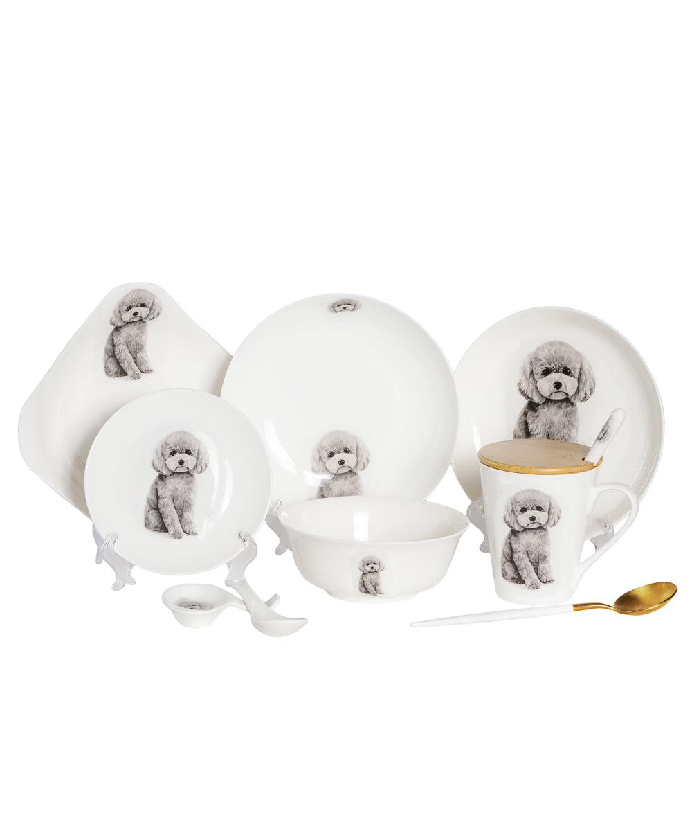 Poodle Grey Pet Portrait Porcelain Dinnerware 11-Piece Set