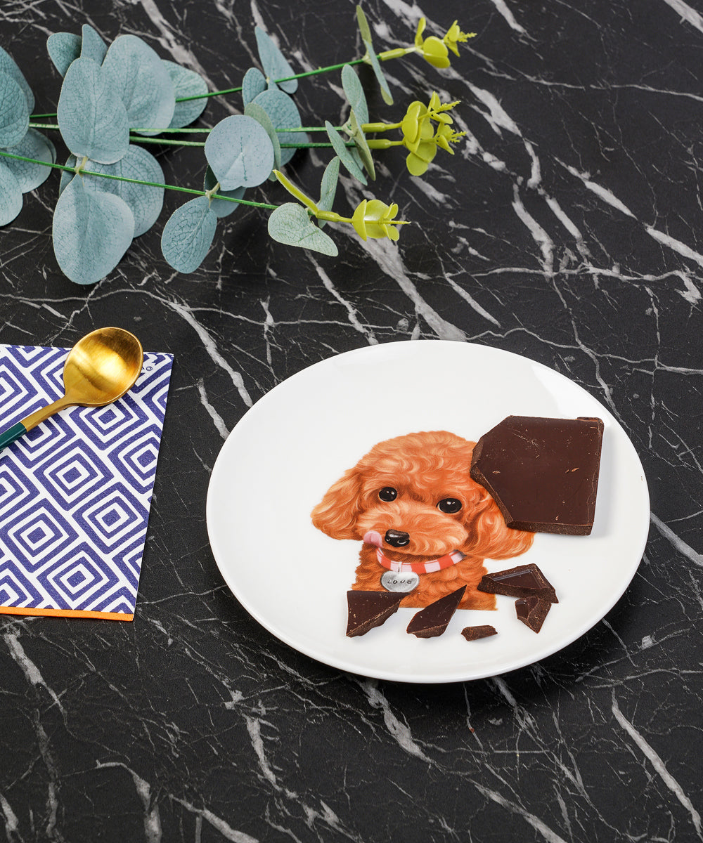 Poodle (Red) Small Dinner Plate On Kitchen Counter With Food