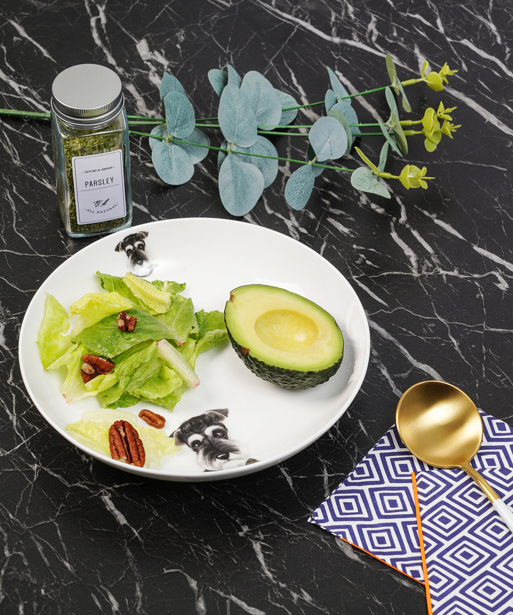 Pet Portrait Porcelain Side Print 8" Plate Set - Schnauzer on table