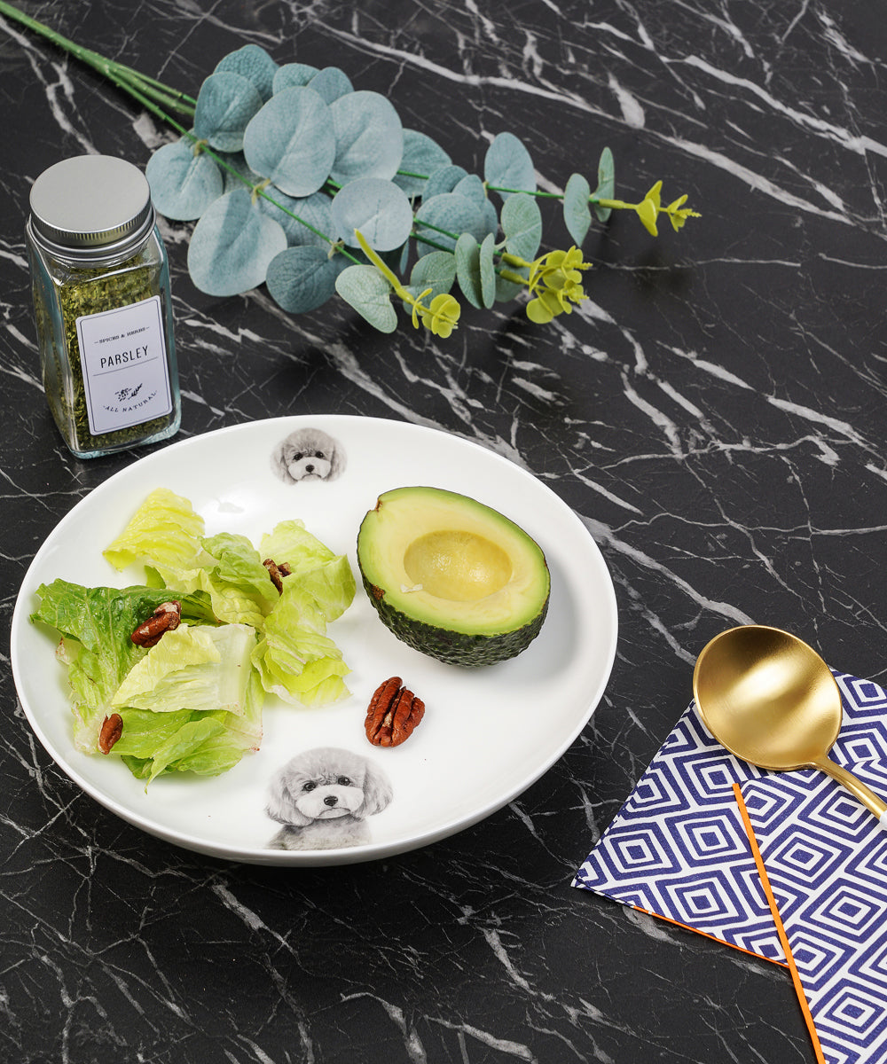 Poodle(Grey) Side Print Plate On Kitchen Counter With Food