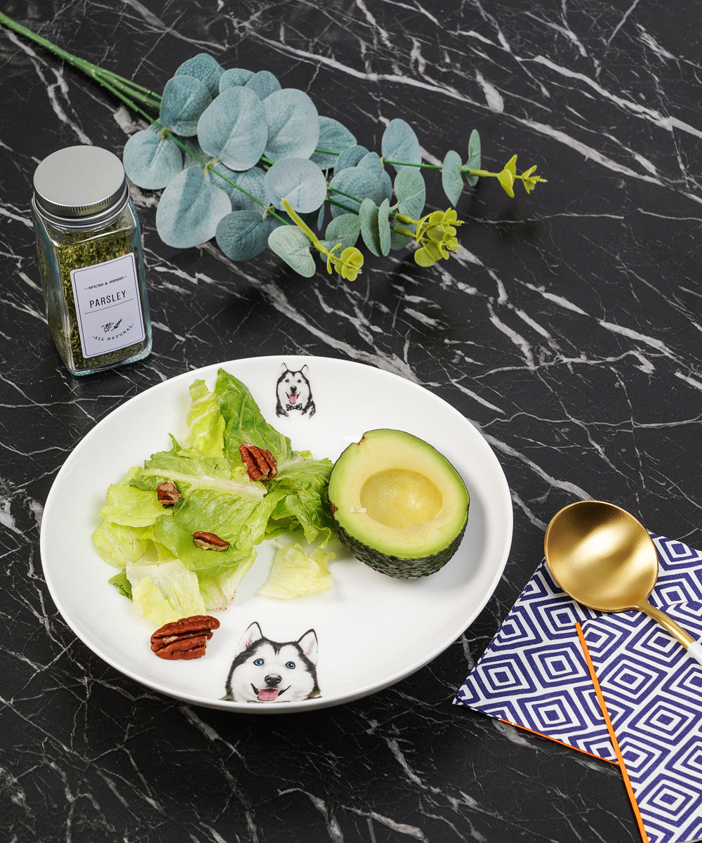 Pet Portrait Porcelain Side Print 8" Plate Set - Husky on table