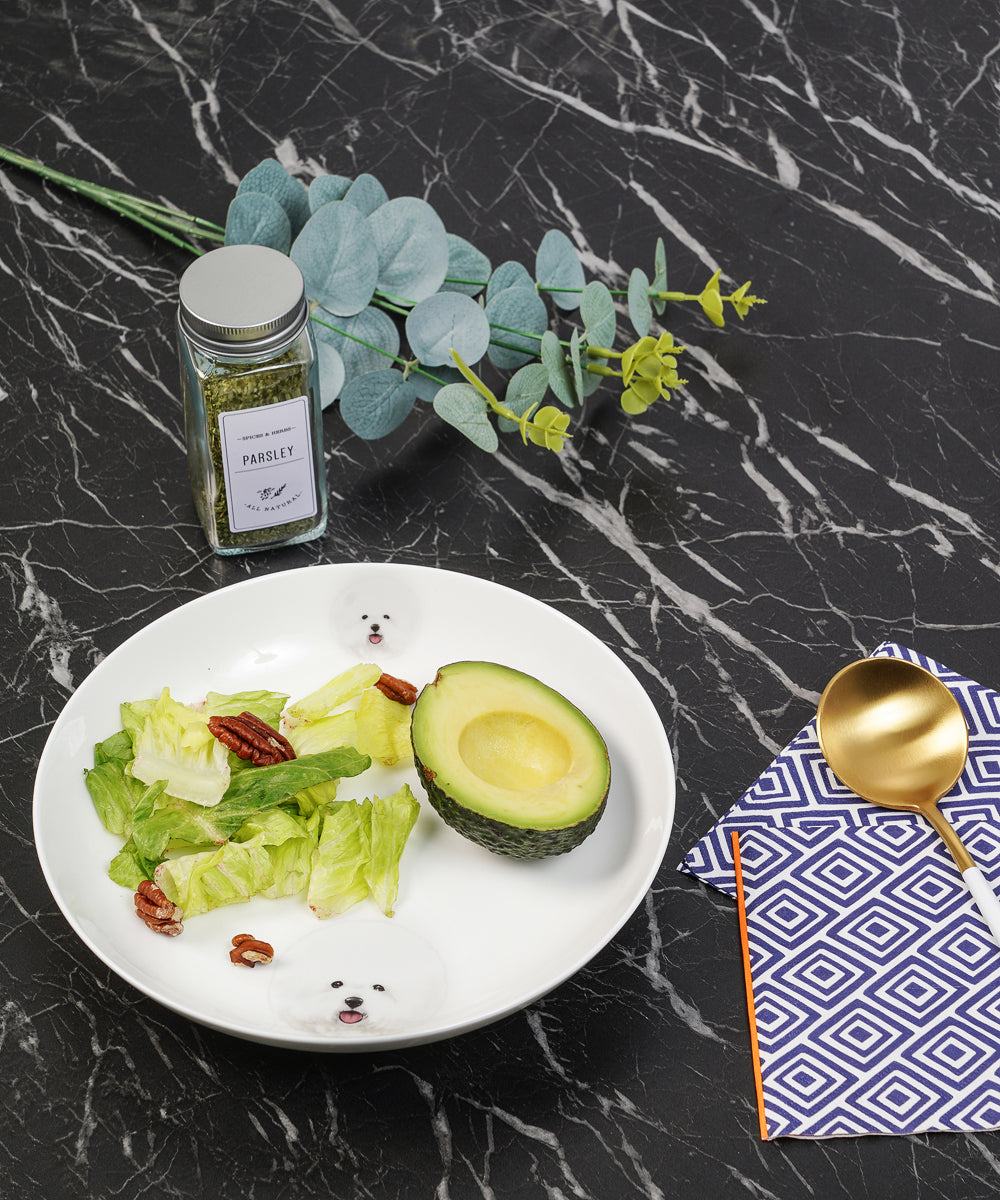 Pet Portrait Porcelain Square Plate - Bichon on table