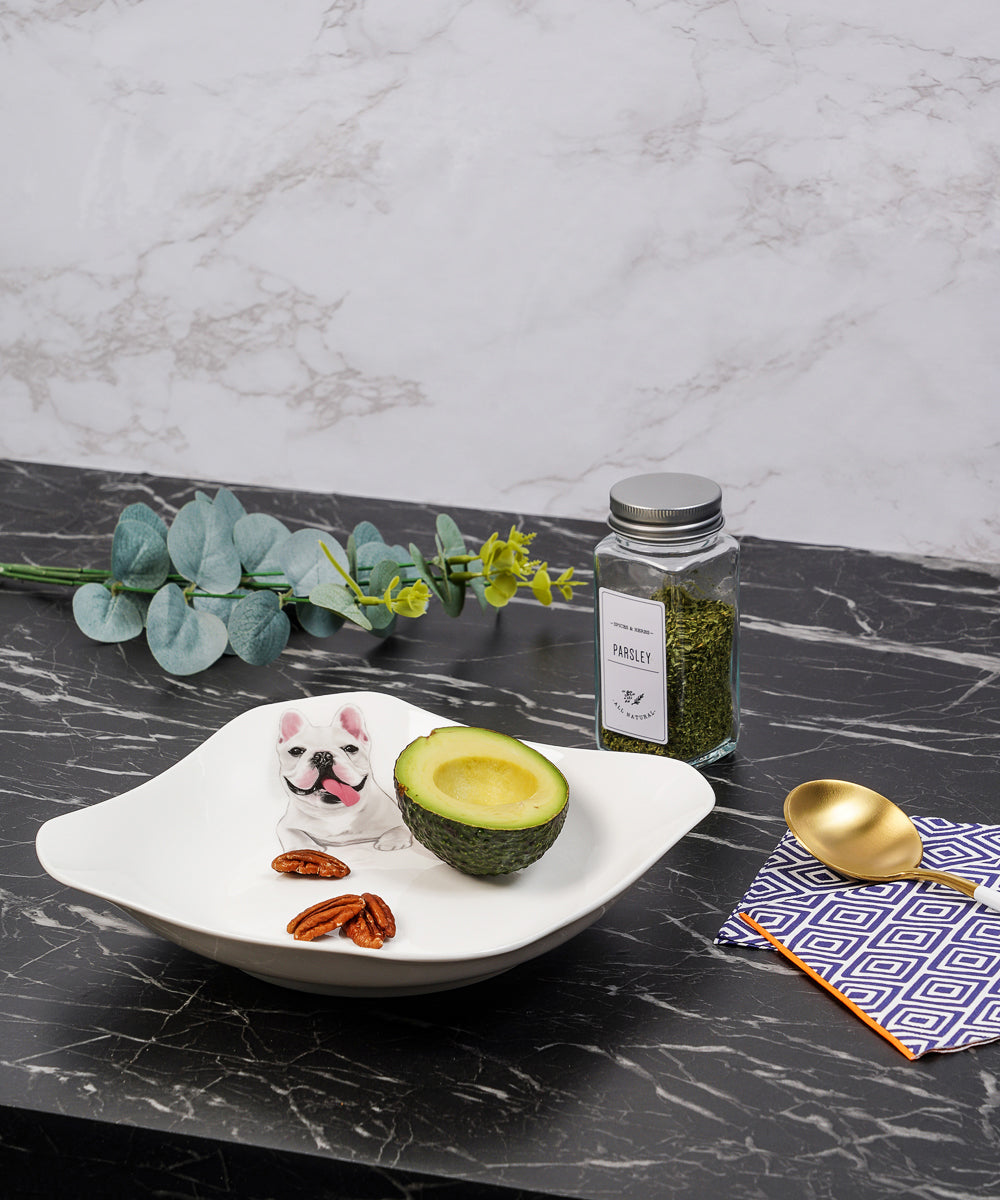 Pet Portrait Porcelain Square Plate - French Bulldog on table