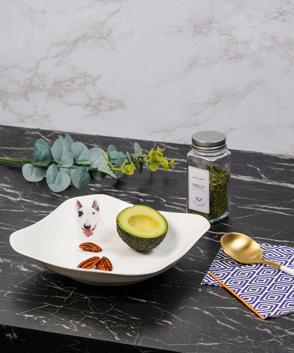 Pet Portrait Porcelain Square Plate - Bull Terrier on table