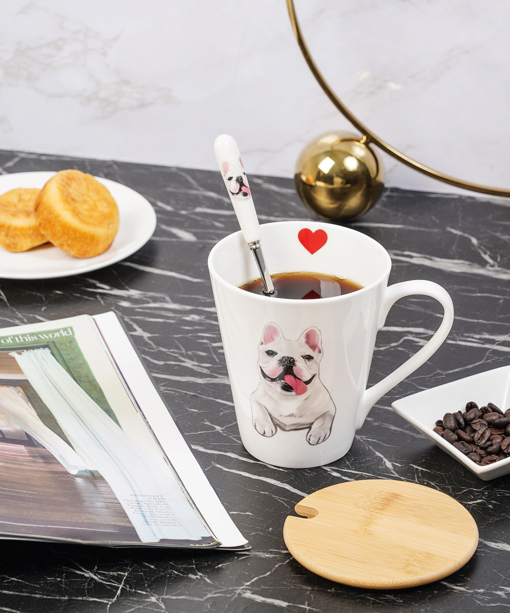 Pet Portrait Porcelain Water Cup with Lid & Spoon - French Bulldog on table