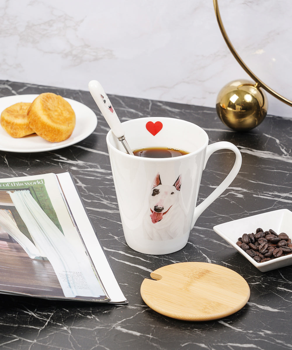 Pet Portrait Porcelain Water Cup with Lid & Spoon - Bull Terrier on table