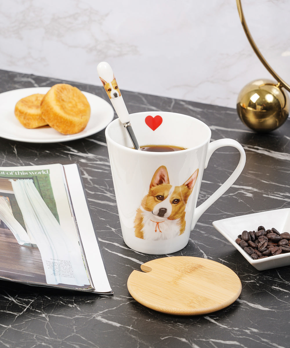 Pet Portrait Porcelain Water Cup with Lid & Spoon - Corgi on table