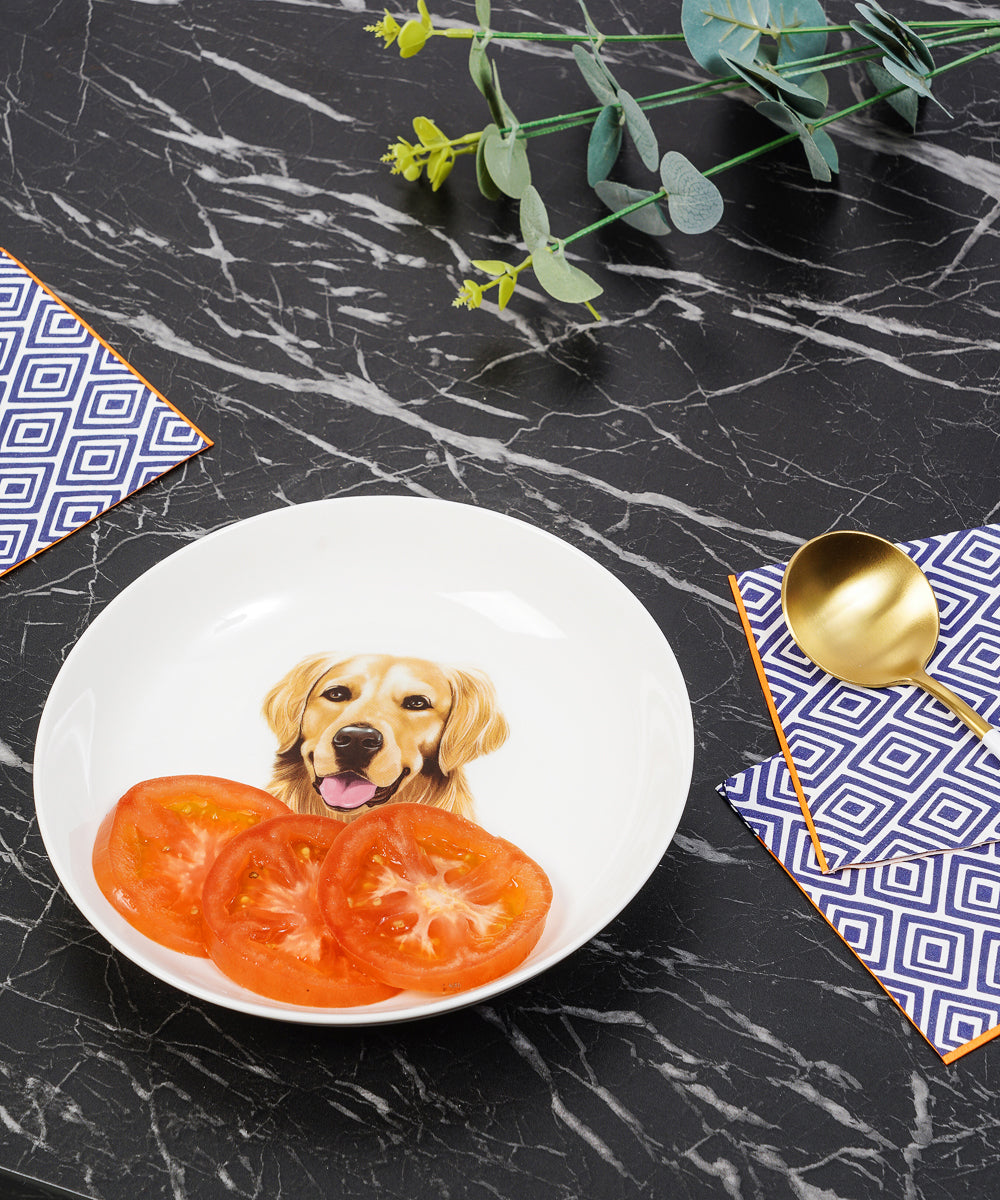 Pet Portrait Porcelain Middle Print 8" Plate Set - Golden Retriever on table