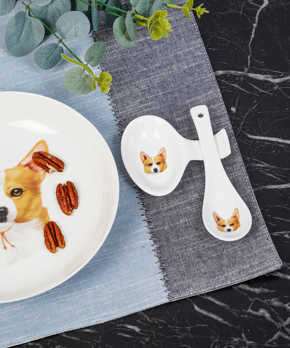 Pet Portrait Porcelain Spoon & Rest Set - Corgi on table