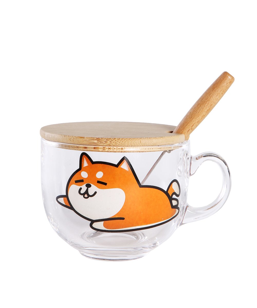 Lovely Shiba Glass Cup with Lid and Spoon