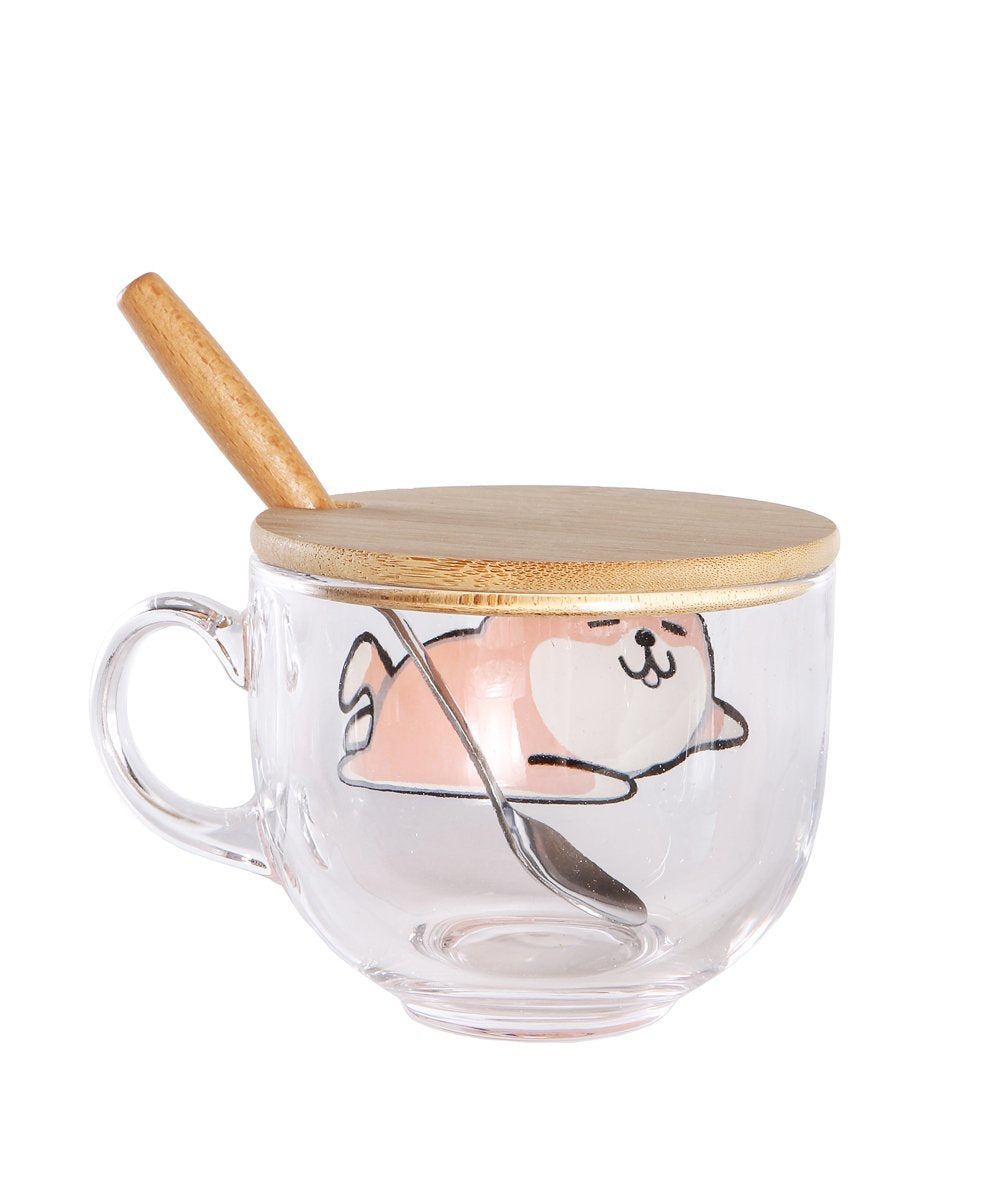 Lovely Shiba Glass Cup with Lid and Spoon